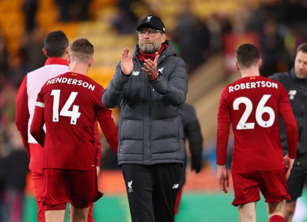 Jurgen Klopp, Manager of Liverpool applauds fans after the Premier League match between Norwich City and Liverpool FC at Carrow Road on February 15, 2020 in Norwich, United Kingdom. (Photo by Catherine Ivill/Getty Images)