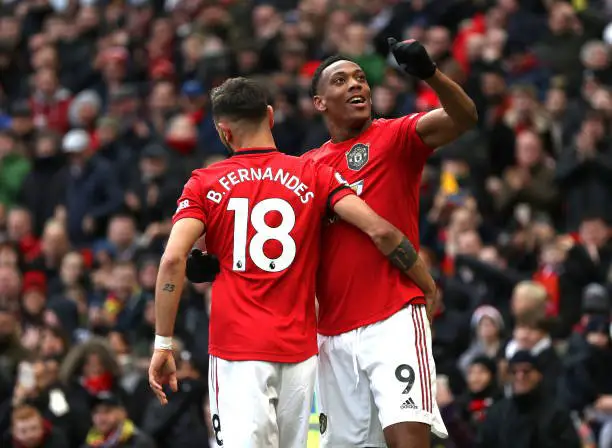 Manchester United Predicted Lineup Vs Tottenham Hotspur (Man United's Bruno Fernandes and Anthony Martial celebrating in the picture)