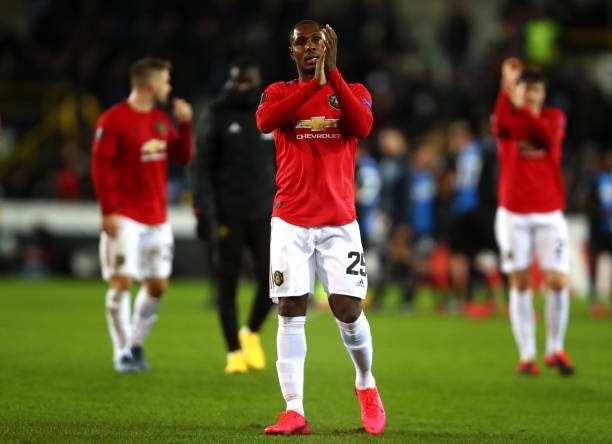 Odion Ighalo of Manchester United applauds fans after  the UEFA Europa League round of 32 first leg match between Club Brugge and Manchester United at Jan Breydel Stadium on February 20, 2020 in Brugge, Belgium. (Photo by Dean Mouhtaropoulos/Getty Images)