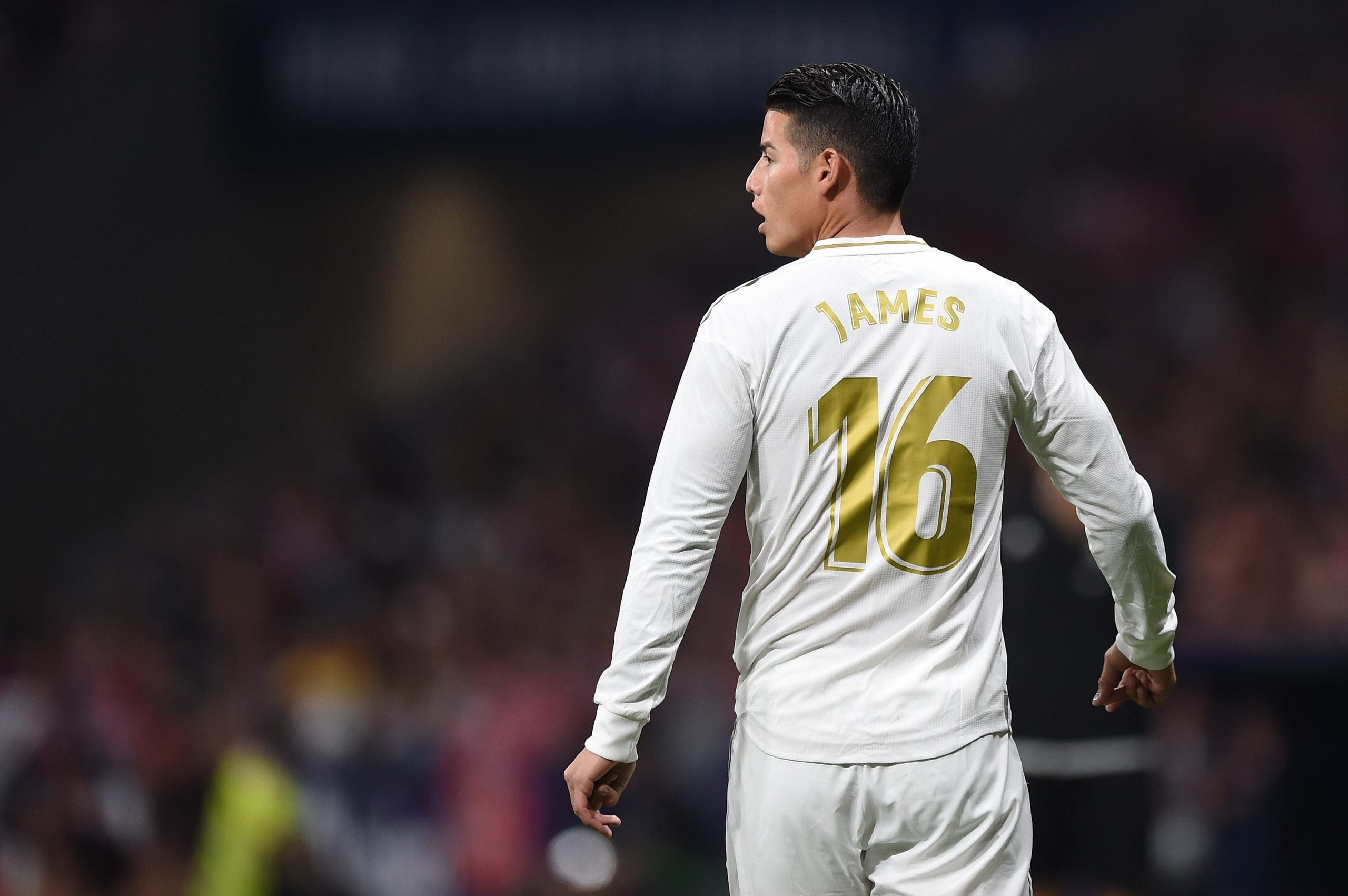 James Rodriguez of Real Madrid CF looks on during the Liga match between Club Atletico de Madrid and Real Madrid CF at Wanda Metropolitano on September 28, 2019 in Madrid, Spain. (Photo by Denis Doyle/Getty Images)