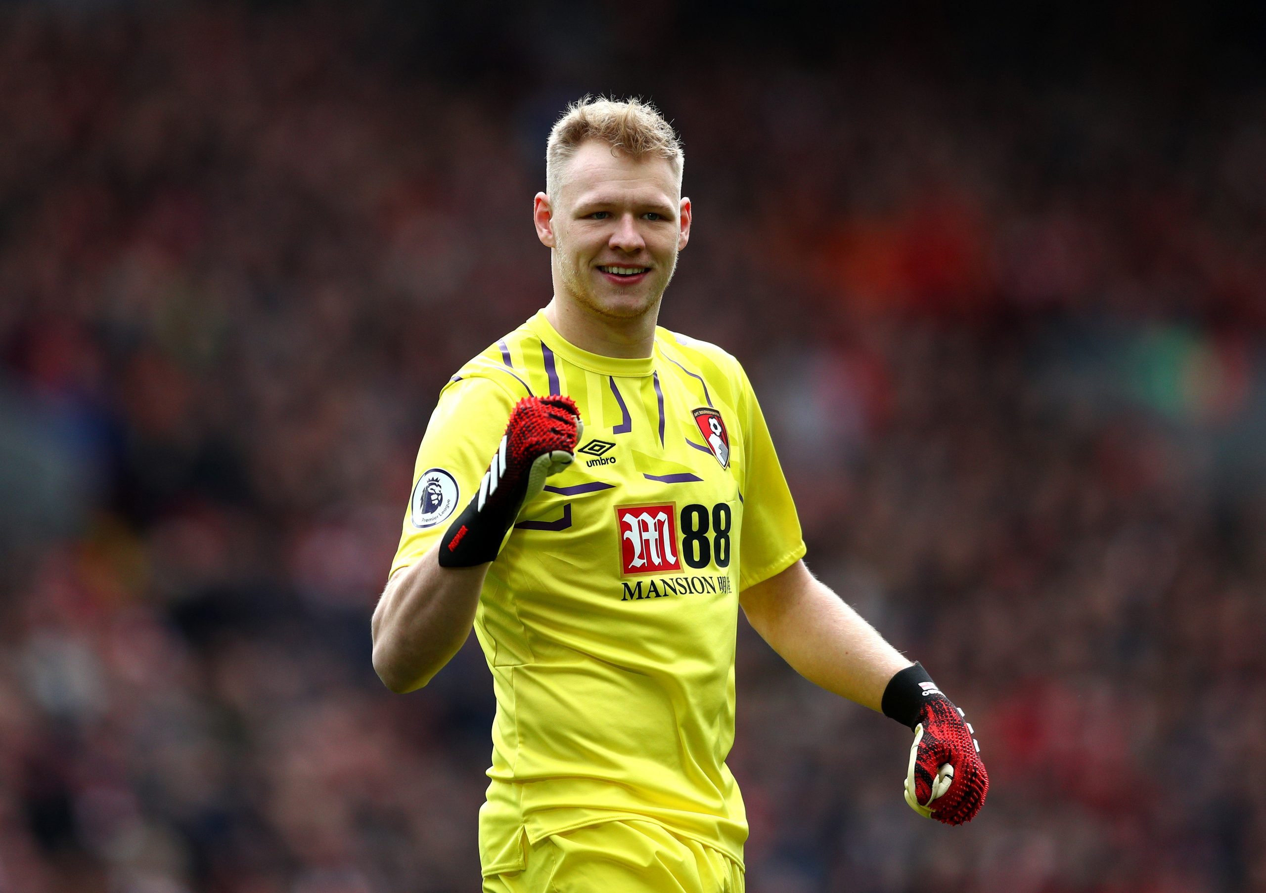 LIVERPOOL, ENGLAND - MARCH 07: Aaron Ramsdale of AFC Bournemouth celebrates his sides first goal during the Premier League match between Liverpool FC and AFC Bournemouth  at Anfield on March 07, 2020 in Liverpool, United Kingdom. (Photo by Jan Kruger/Getty Images)
