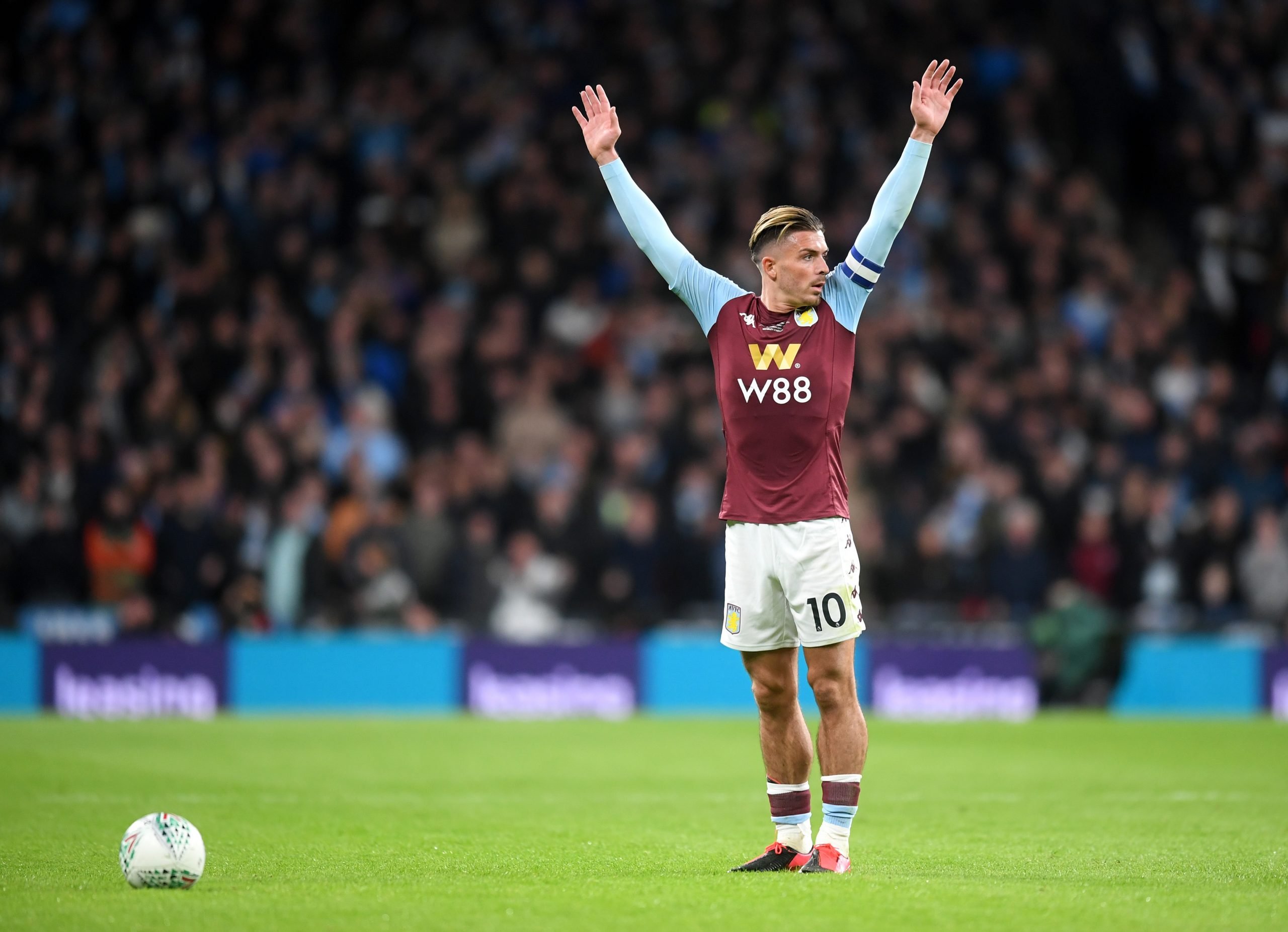 Jack Grealish of Aston Villa prepares to take a free kick during the Carabao Cup Final between Aston Villa and Manchester City at Wembley Stadium on March 01, 2020 in London, England. (Photo by Michael Regan/Getty Images)