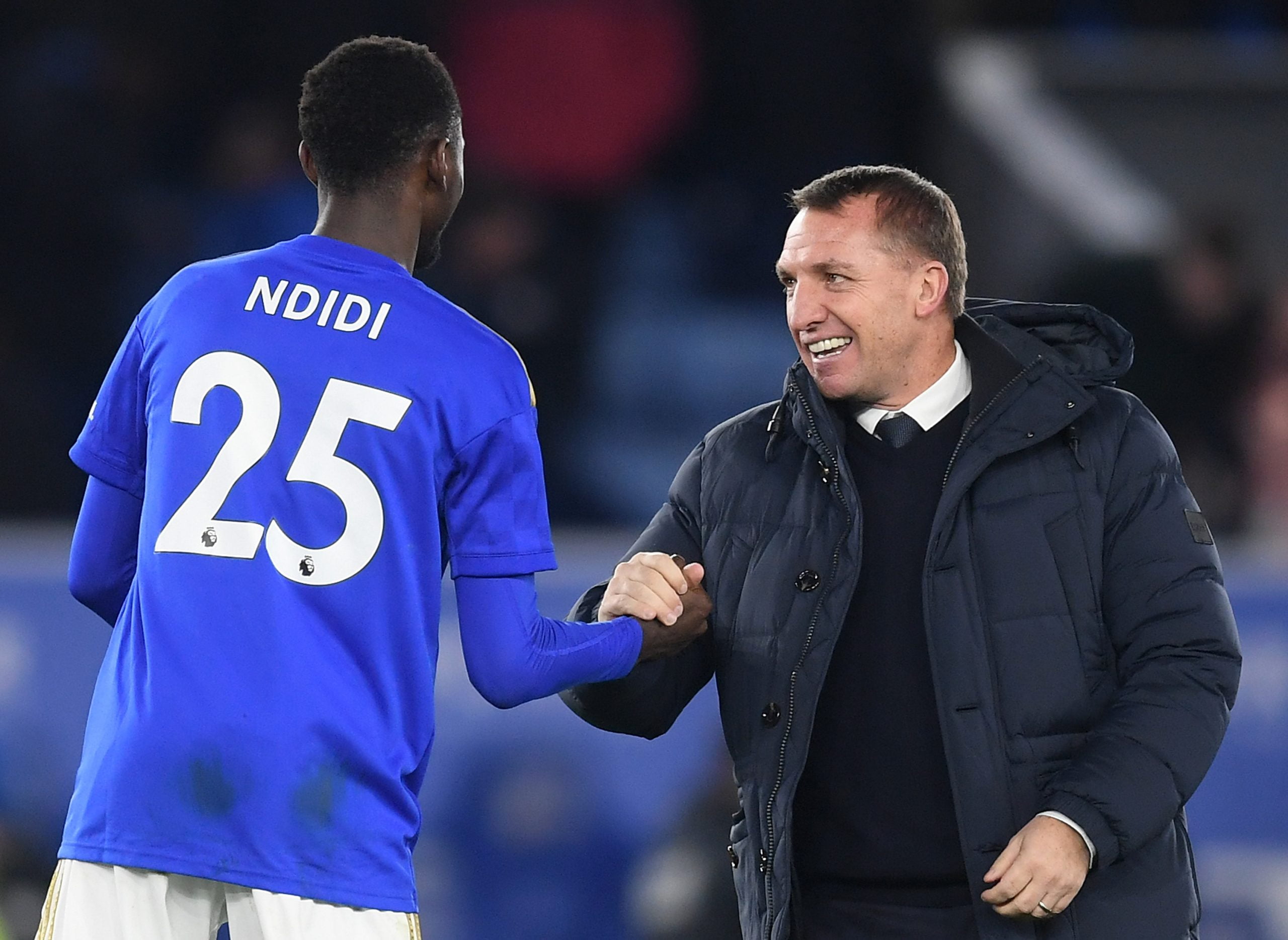 LEICESTER, ENGLAND - JANUARY 04: Brendan Rodgers, Manager of Leicester City celebrates with Wilfred Ndidi of Leicester City following the FA Cup Third Round match between Leicester City and Wigan Athletic at The King Power Stadium on January 04, 2020 in Leicester, England. (Photo by Michael Regan/Getty Images)