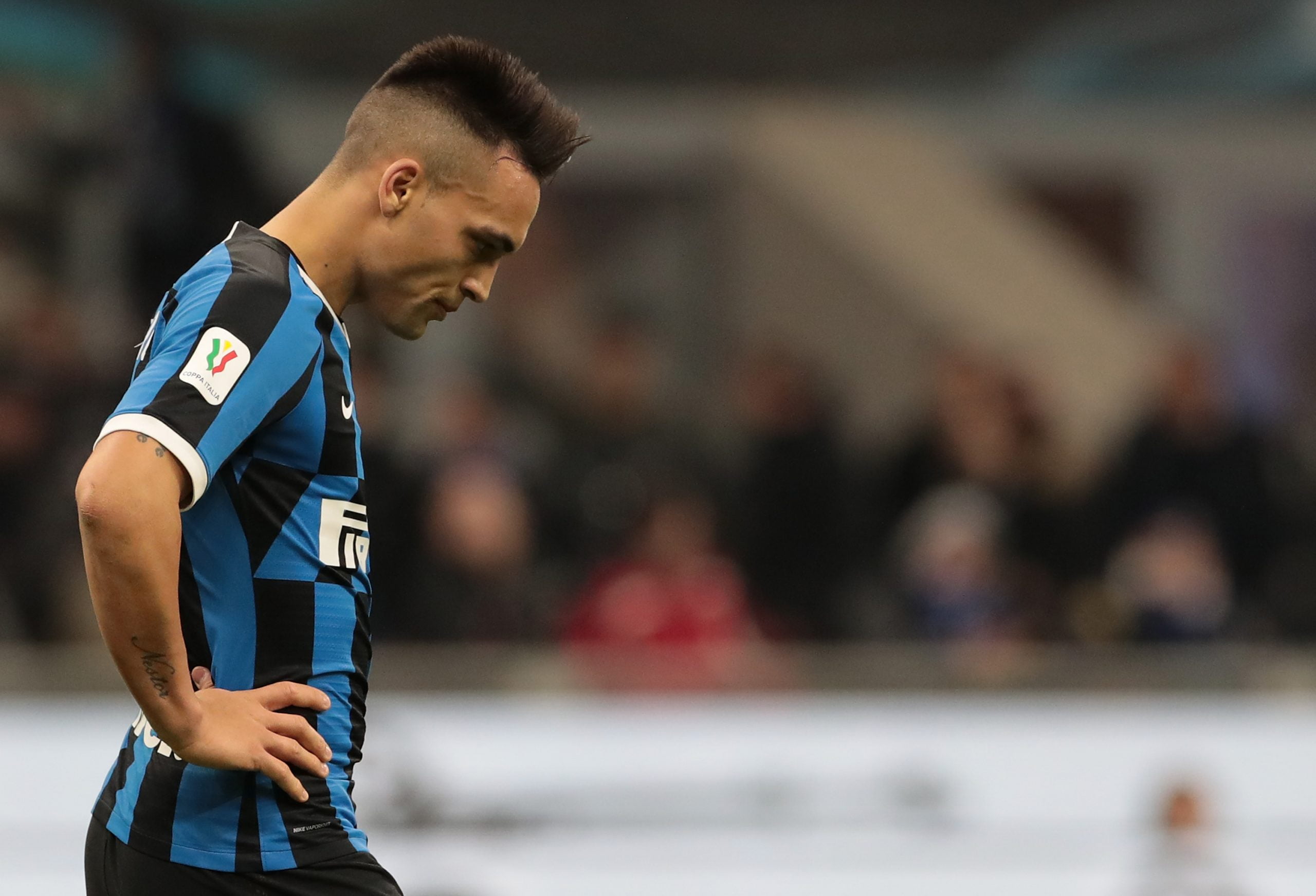 MILAN, ITALY - FEBRUARY 12:  Lautaro Martinez of FC Internazionale looks dejected during the Coppa Italia Semi Final match between FC Internazionale and SSC Napoli at Stadio Giuseppe Meazza on February 12, 2020 in Milan, Italy.  (Photo by Emilio Andreoli/Getty Images)