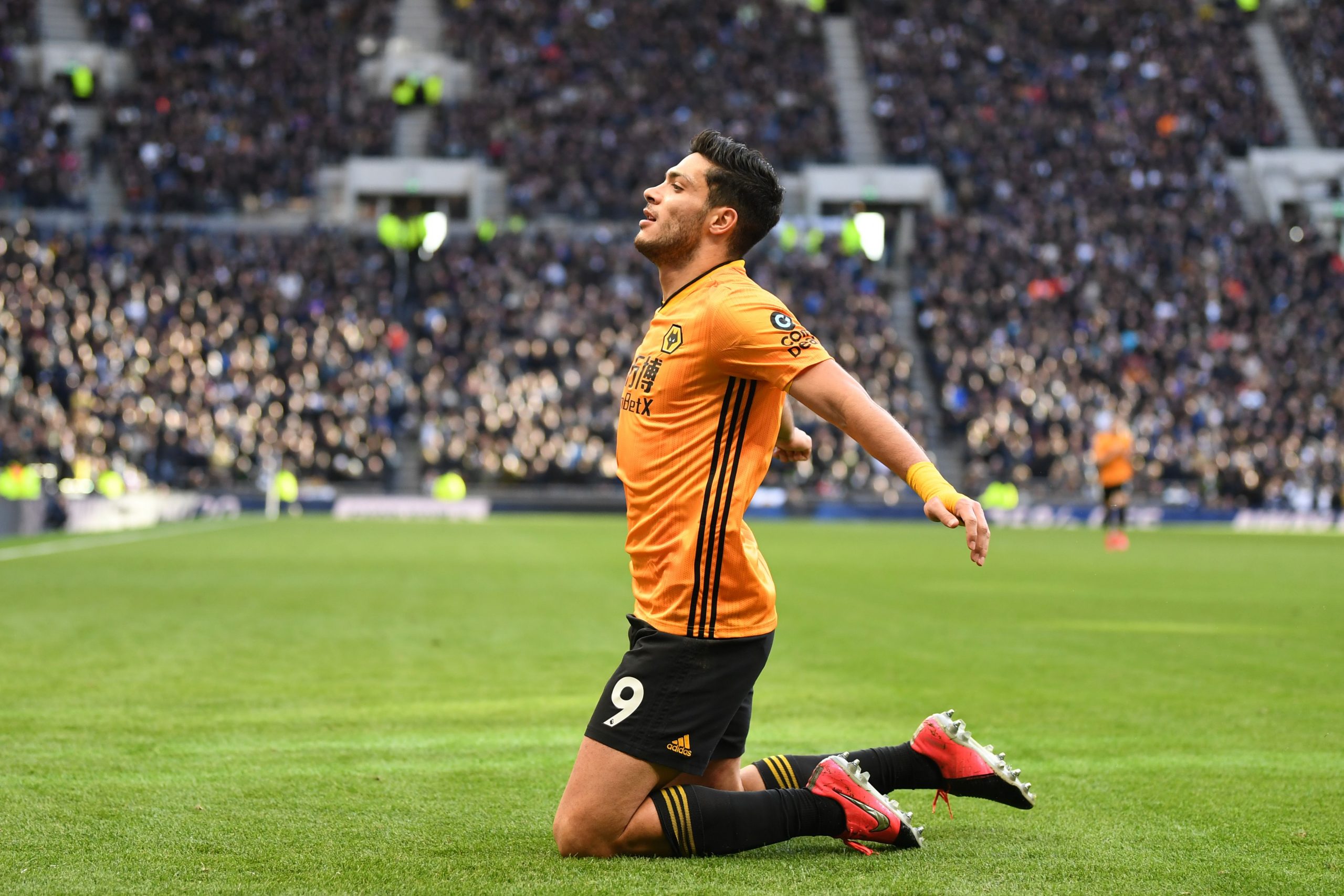 Wolverhampton Wanderers' Mexican striker Raul Jimenez celebrates after scoring their third goal during the English Premier League football match between Tottenham Hotspur and Wolverhampton Wanderers at the Tottenham Hotspur Stadium in London, on March 1, 2020. (Photo by DANIEL LEAL-OLIVAS/AFP via Getty Images)