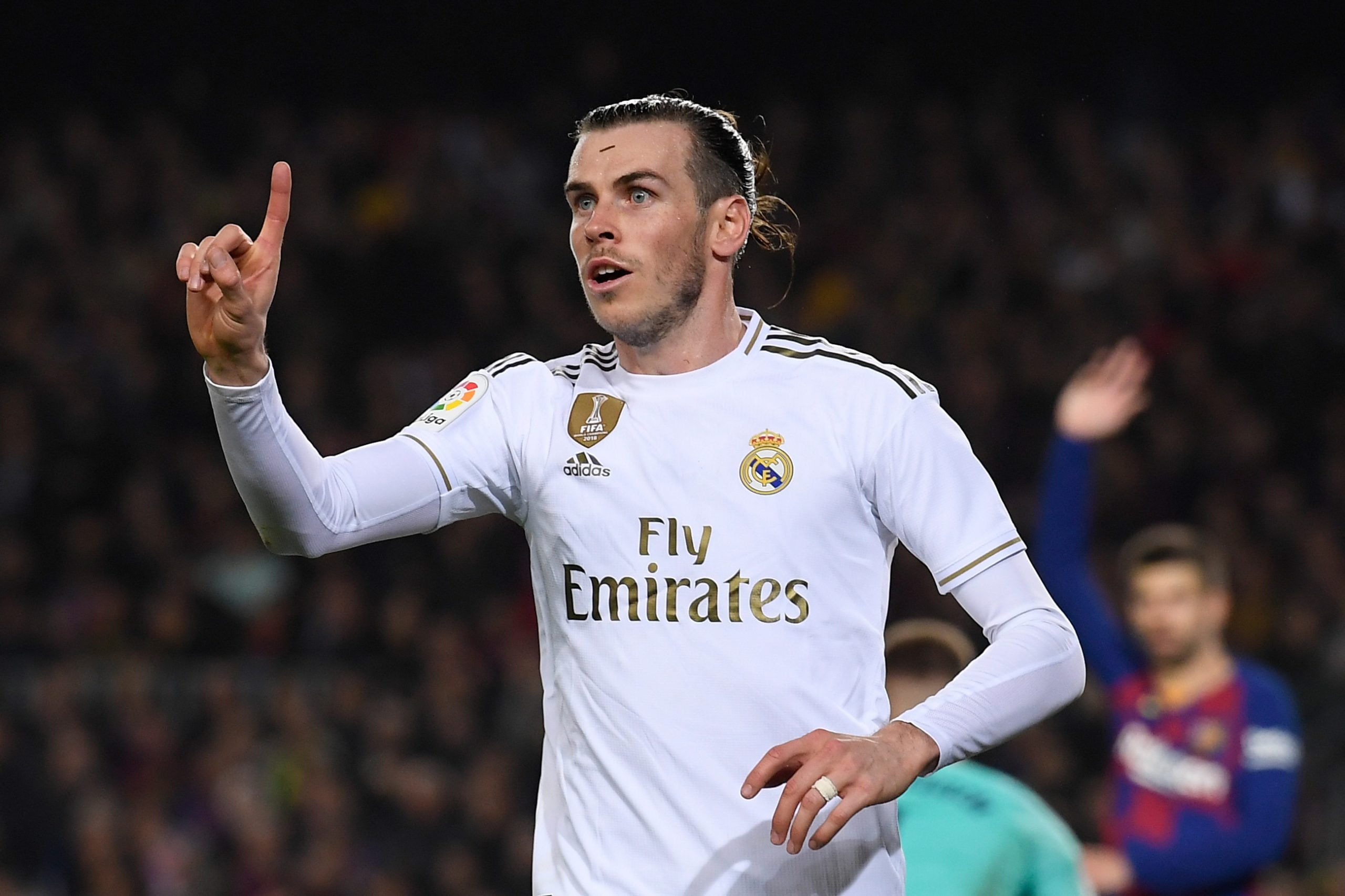 Real Madrid's Welsh forward Gareth Bale reacts during the "El Clasico" Spanish League football match between Barcelona FC and Real Madrid CF at the Camp Nou Stadium in Barcelona on December 18, 2019, (Photo by Josep LAGO / AFP) (Photo by JOSEP LAGO/AFP via Getty Images)