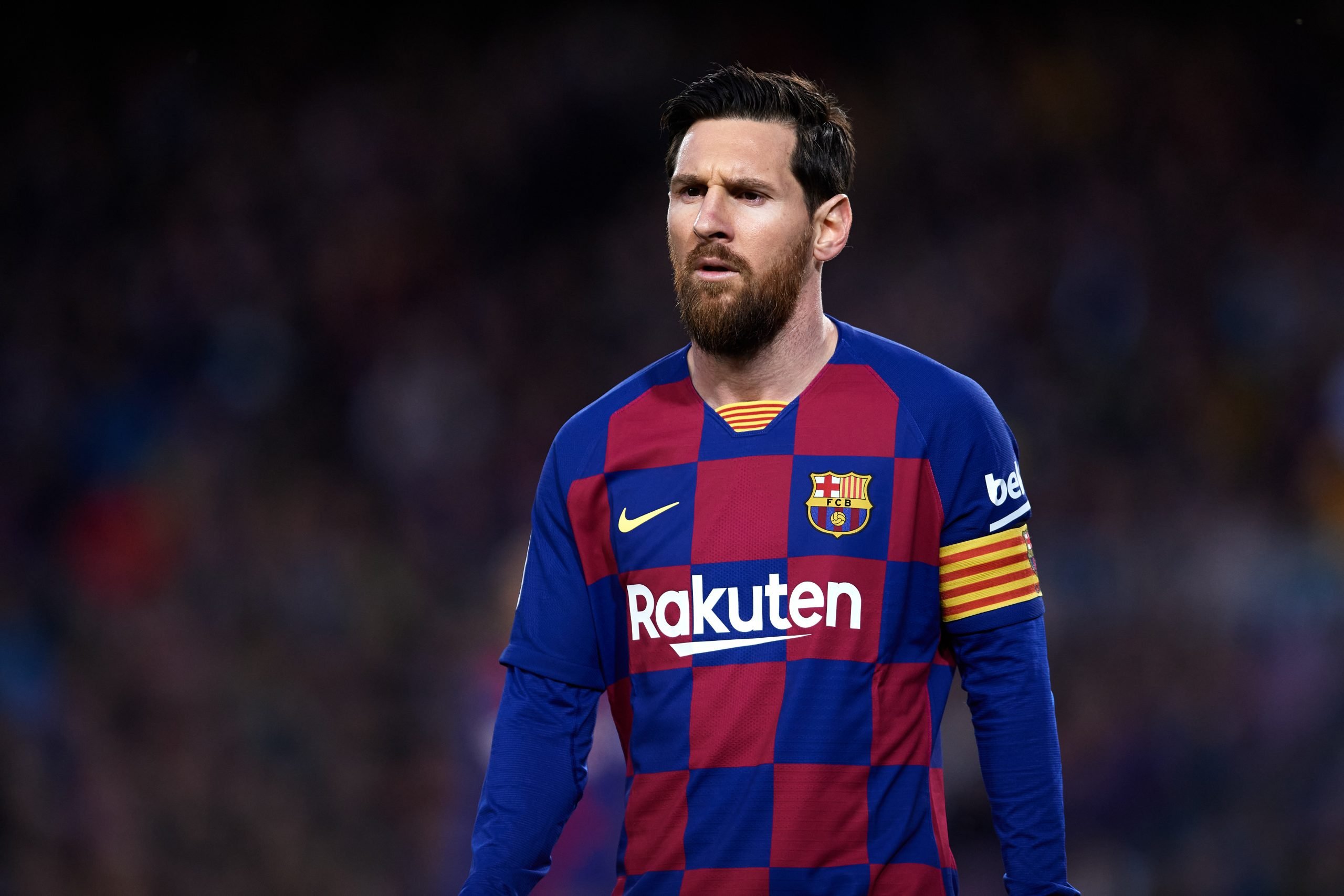 BARCELONA, SPAIN - MARCH 07: Lionel Messi of FC Barcelona looks on during the Liga match between FC Barcelona and Real Sociedad at Camp Nou on March 07, 2020 in Barcelona, Spain. (Photo by Alex Caparros/Getty Images)