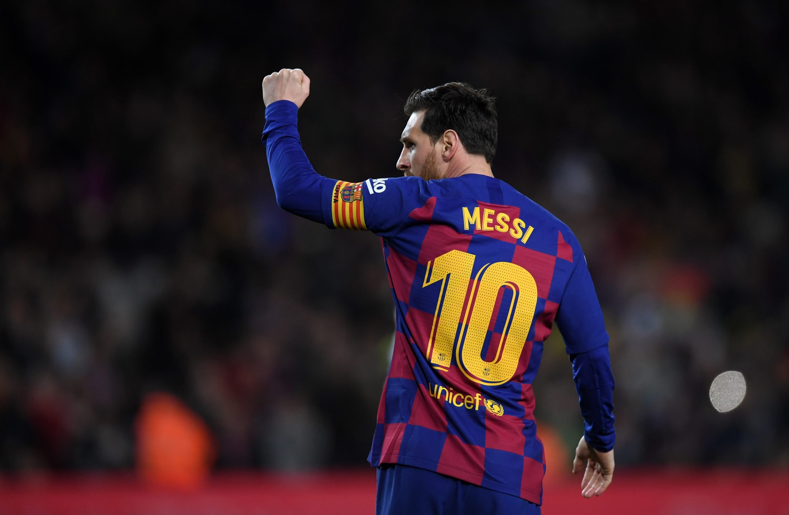 BARCELONA, SPAIN - MARCH 07: Lionel Messi of FC Barcelona celebrates after scoring his team's first goal  during the La Liga match between FC Barcelona and Real Sociedad at Camp Nou on March 07, 2020 in Barcelona, Spain. (Photo by Alex Caparros/Getty Images)
