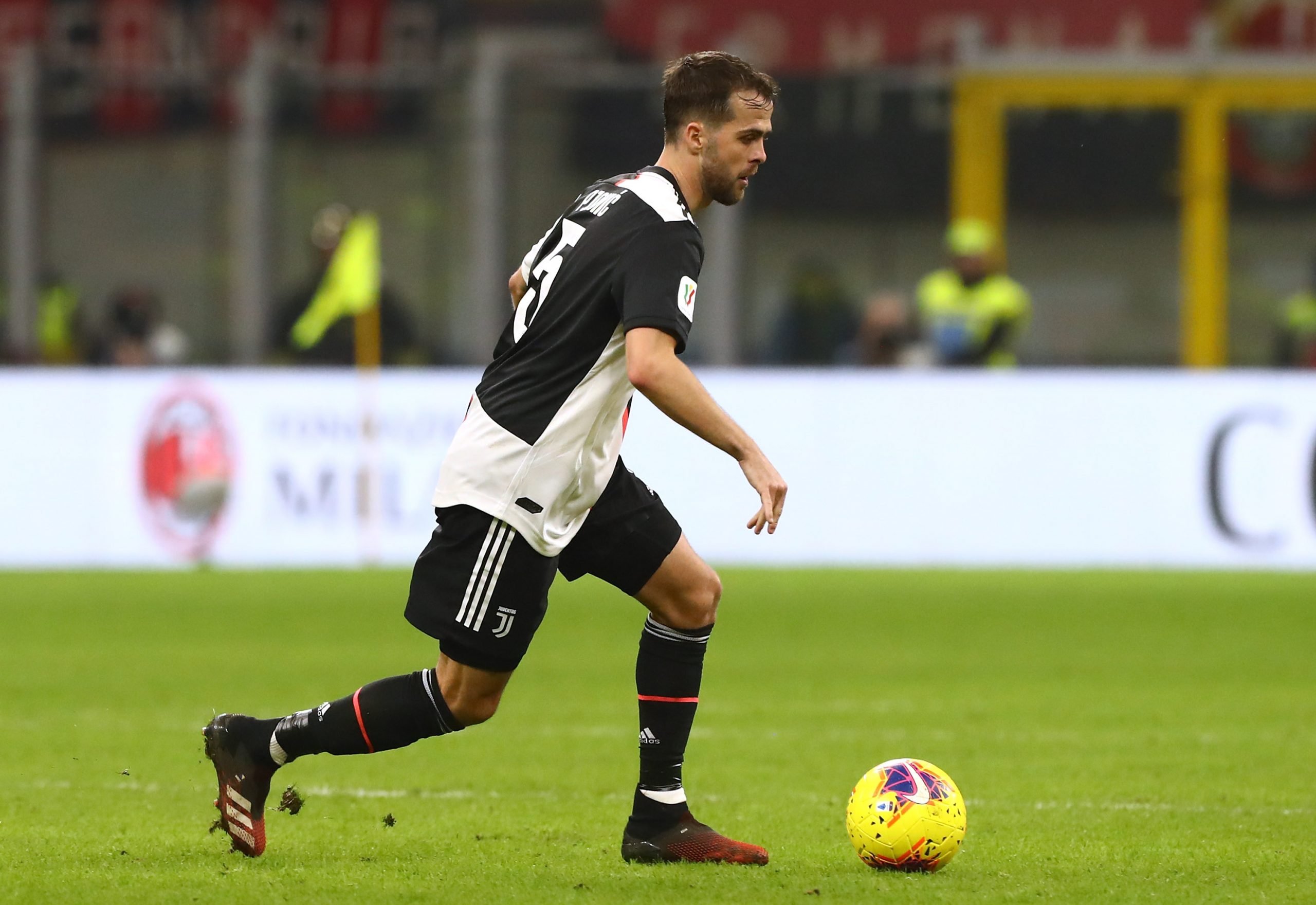 Miralem Pjanic of Juventus in action during the Coppa Italia Semi Final match between AC Milan and Juventus at Stadio Giuseppe Meazza on February 13, 2020 in Milan, Italy.  (Photo by Marco Luzzani/Getty Images)