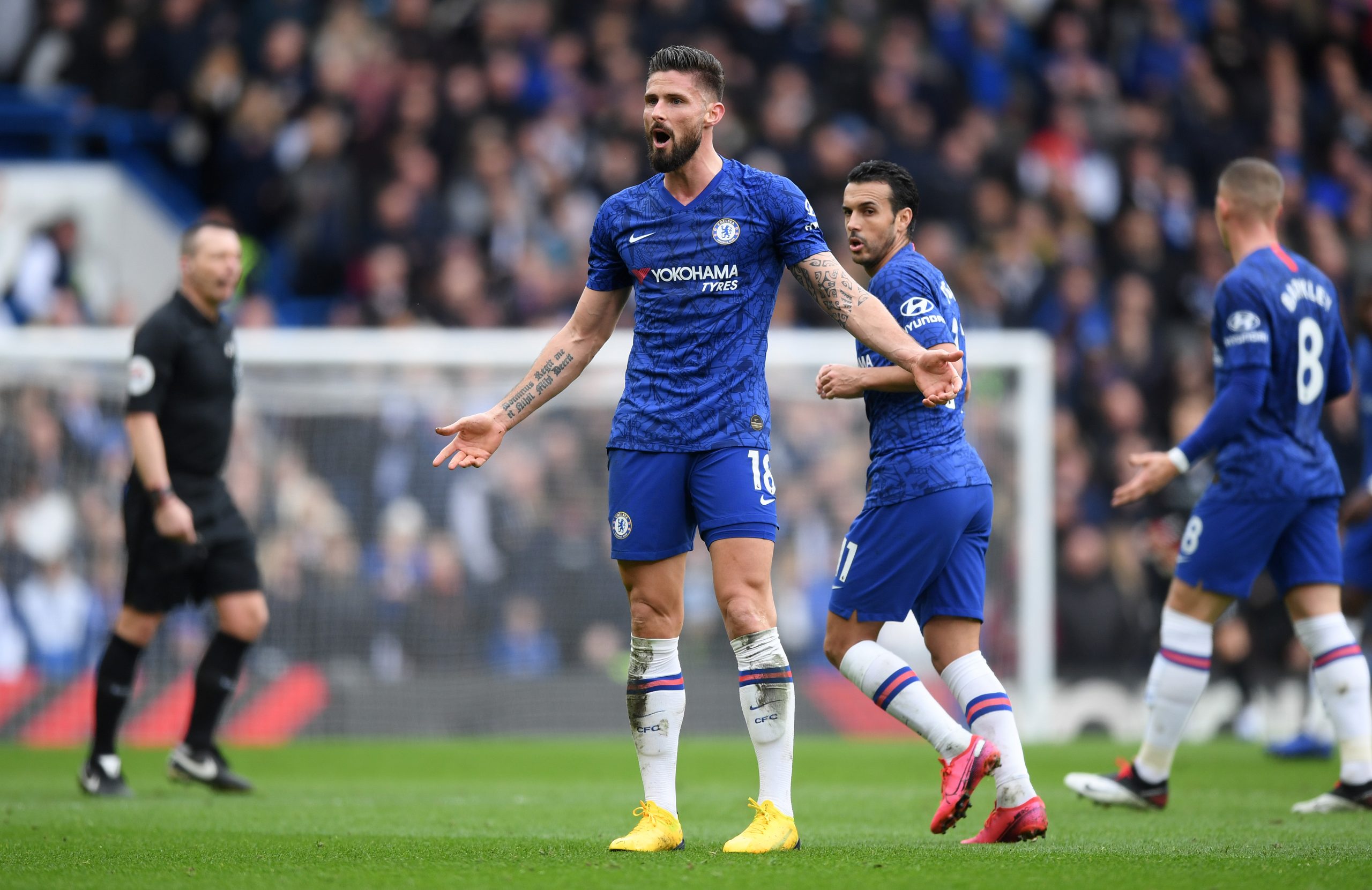Olivier Giroud of Chelsea reacts during the Premier League match between Chelsea FC and Everton FC at Stamford Bridge on March 08, 2020 in London, United Kingdom. (Photo by Shaun Botterill/Getty Images)