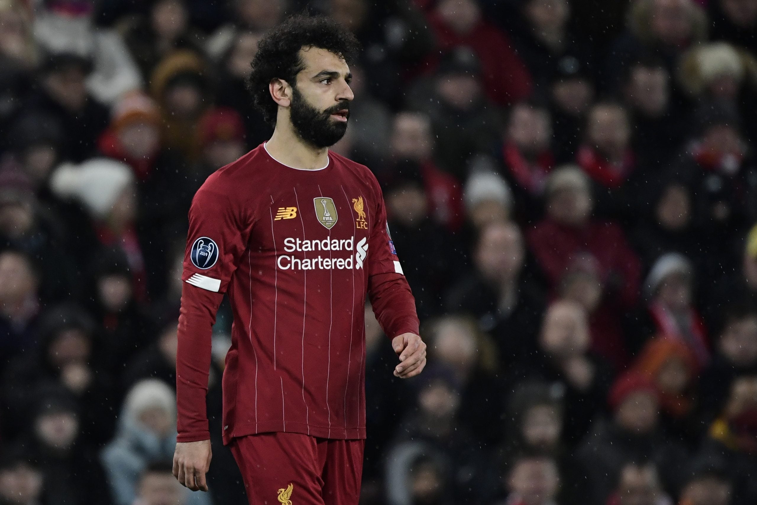 Liverpool's Egyptian midfielder Mohamed Salah looks on during the UEFA Champions league Round of 16 second leg football match between Liverpool and Atletico Madrid at Anfield in Liverpool, north west England on March 11, 2020. (Photo by JAVIER SORIANO / AFP) (Photo by JAVIER SORIANO/AFP via Getty Images)