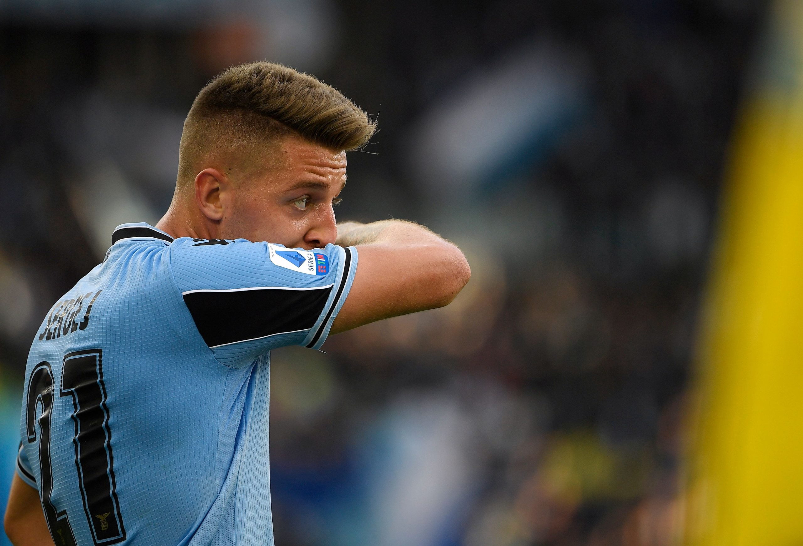 Lazio's midfielder from Serbia Sergej Milinkovic-Savic reacts during the Serie A football match between Lazio and Bologna at the Olympic Stadium in Rome on February 29, 2020. (Photo by Filippo MONTEFORTE / AFP) (Photo by FILIPPO MONTEFORTE/AFP via Getty Images)