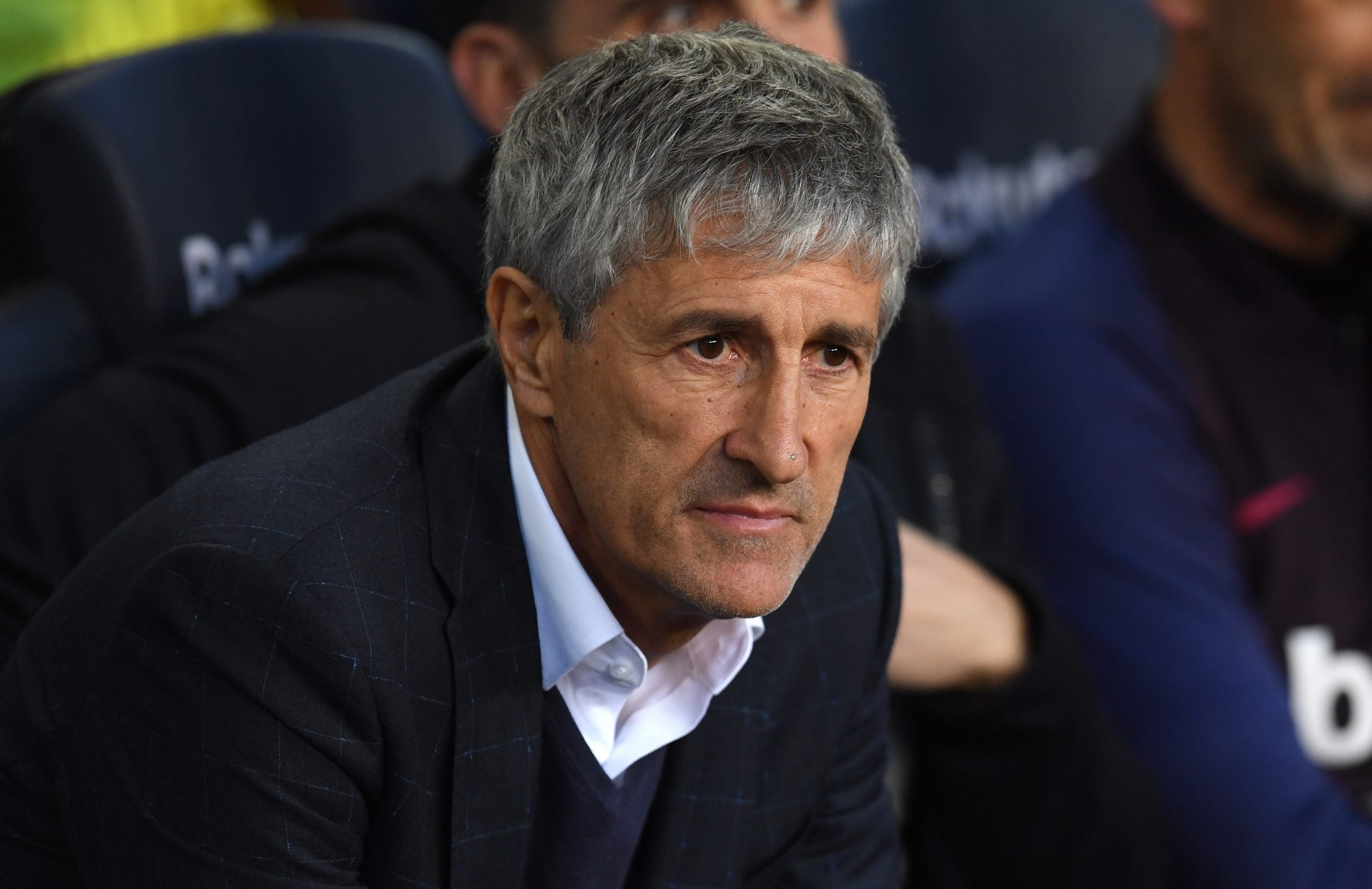 BARCELONA, SPAIN - MARCH 07: Quique Setien, Manager of Barcelona looks on during the La Liga match between FC Barcelona and Real Sociedad at Camp Nou on March 07, 2020 in Barcelona, Spain. (Photo by Alex Caparros/Getty Images)