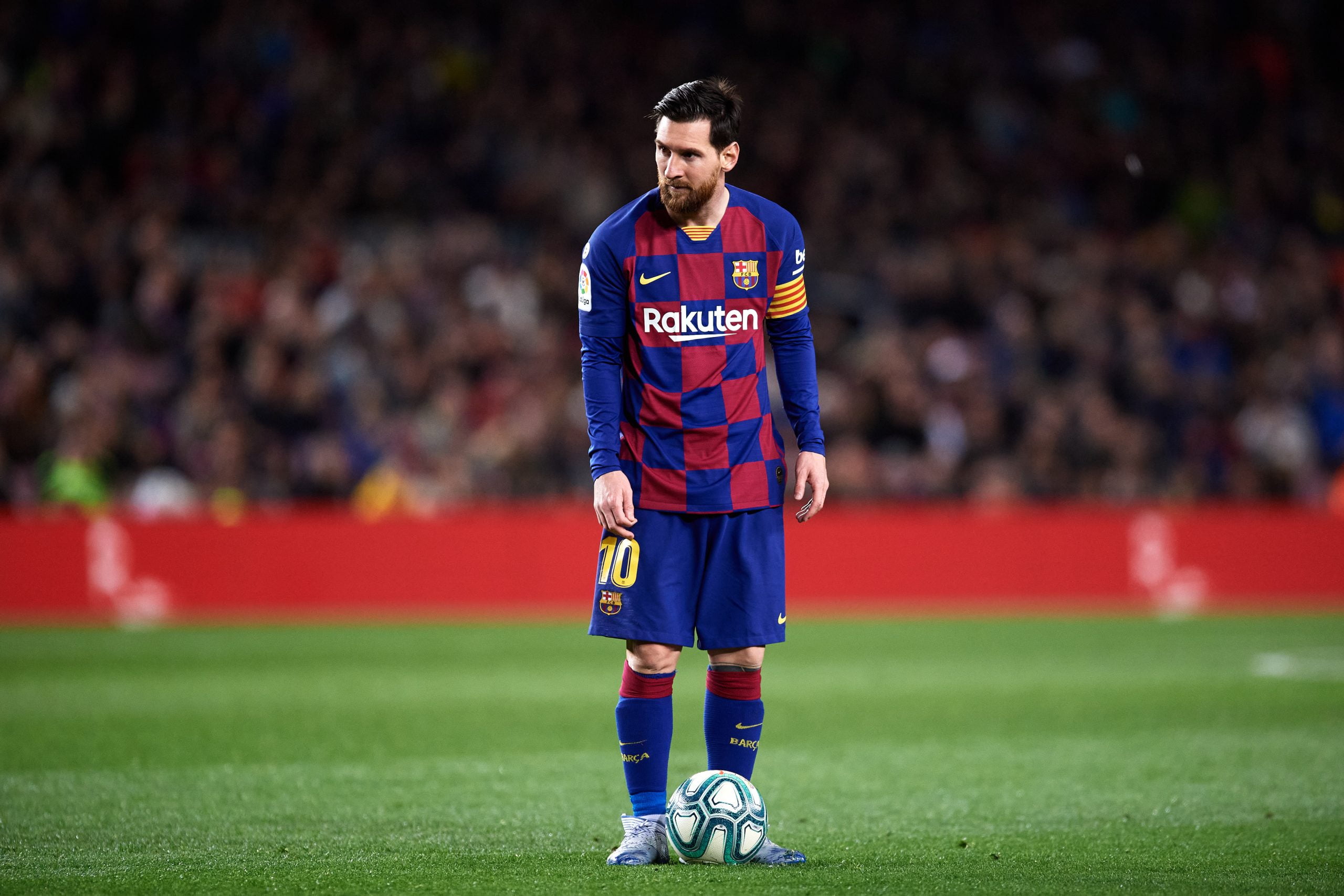 BARCELONA, SPAIN - MARCH 07: Lionel Messi of FC Barcelona prepares to kick a free kick during the Liga match between FC Barcelona and Real Sociedad at Camp Nou on March 07, 2020 in Barcelona, Spain. (Photo by Alex Caparros/Getty Images)