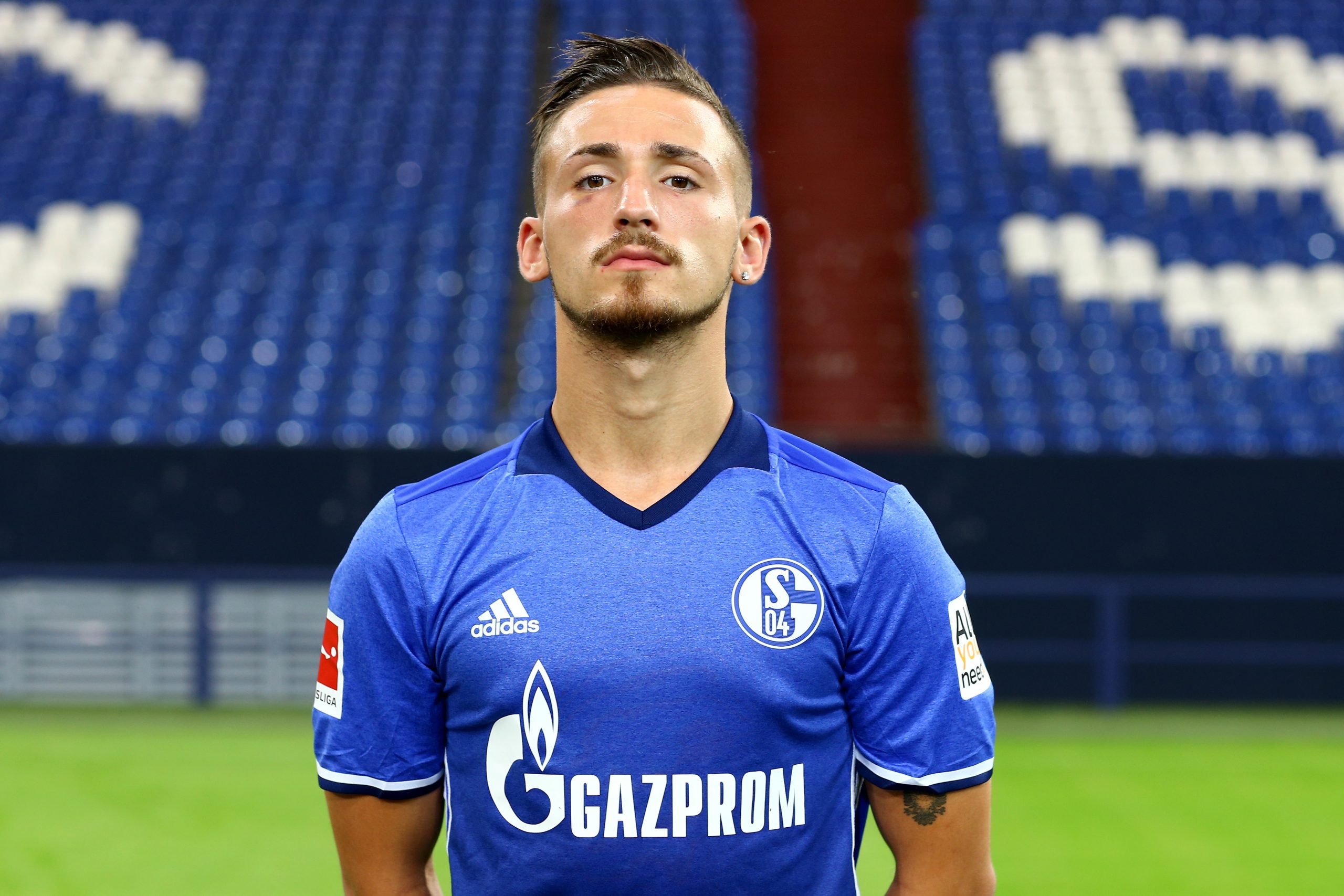 GELSENKIRCHEN, GERMANY - JULY 12:  Donis Avdijaj  of FC Schalke 04 poses during the team presentation at Veltins Arena on July 12, 2017 in Gelsenkirchen, Germany.  (Photo by Christof Koepsel/Bongarts/Getty Images)