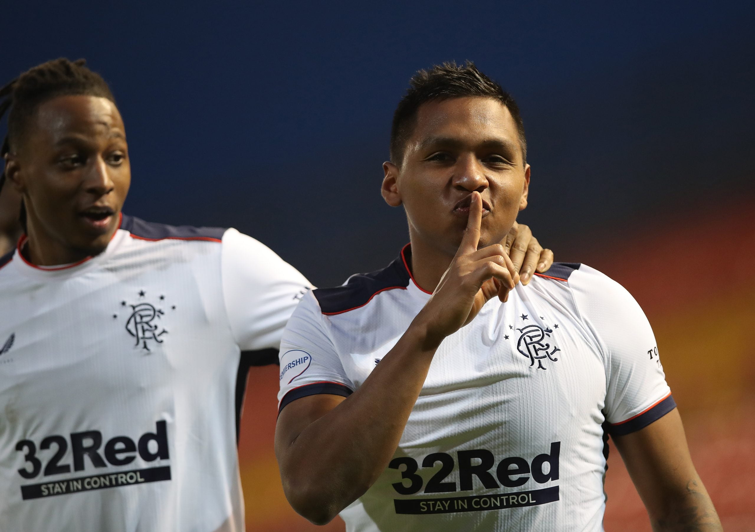 ABERDEEN, SCOTLAND - JANUARY 10: Alfredo Morelos of Rangers  celebrates after scoring their team's second goal during the Ladbrokes Scottish Premiership match between Aberdeen and Rangers at Pittodrie Stadium on January 10, 2021 in Aberdeen, Scotland. Sporting stadiums around Scotland remain under strict restrictions due to the Coronavirus Pandemic as Government social distancing laws prohibit fans inside venues resulting in games being played behind closed doors. (Photo by Ian MacNicol/Getty Images)