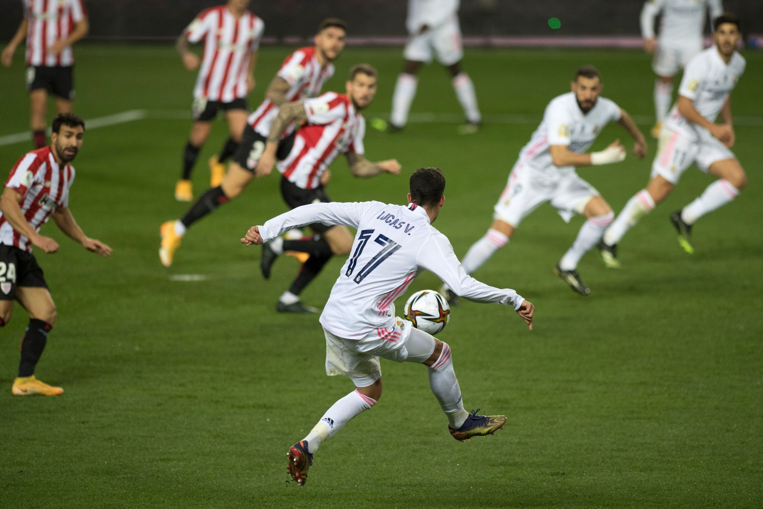 Real Madrid's Spanish forward Lucas Vazquez controls the ball  during the Spanish Super Cup semi final football match between Real Madrid and Athletic Club Bilbao at La Rosaleda stadium in Malaga on January 14, 2021. (Photo by JORGE GUERRERO / AFP) (Photo by JORGE GUERRERO/AFP via Getty Images)
