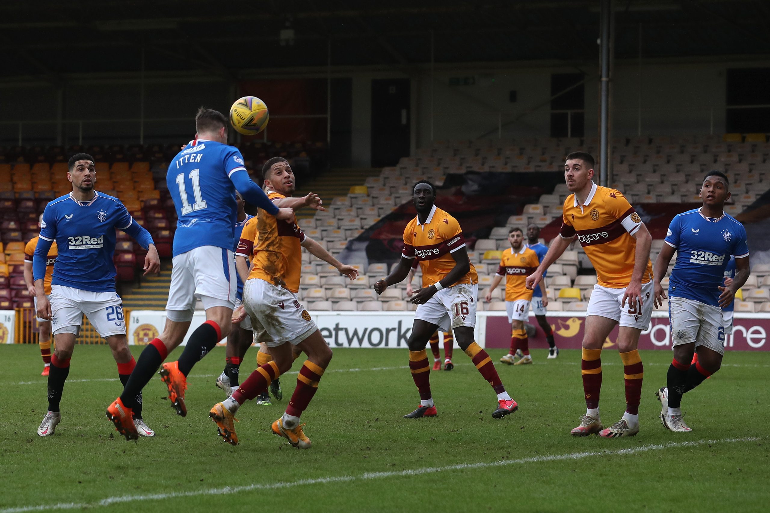 MOTHERWELL, SCOTLAND - JANUARY 17: Cedric Itten of Rangers  scores their team's first goal during the Ladbrokes Scottish Premiership match between Motherwell and Rangers at Fir Park on January 17, 2021 in Motherwell, Scotland. Sporting stadiums around Scotland remain under strict restrictions due to the Coronavirus Pandemic as Government social distancing laws prohibit fans inside venues resulting in games being played behind closed doors. (Photo by Ian MacNicol/Getty Images)
