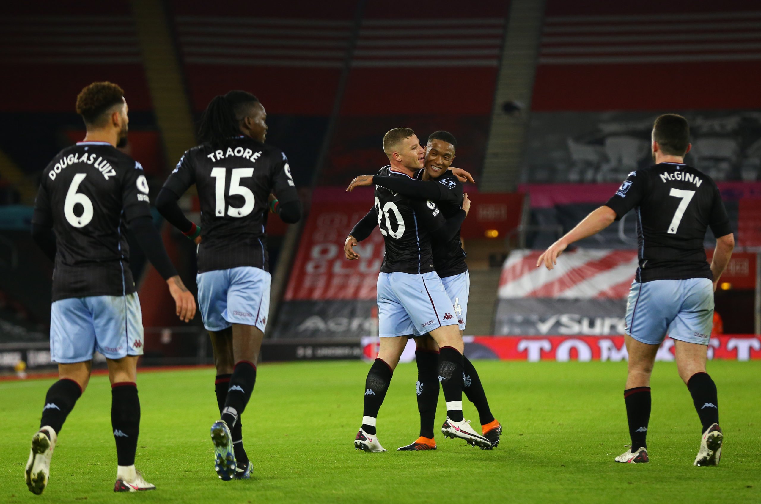 Aston Villa player ratings vs Southampton (Aston Villa players are celebrating in the photo)