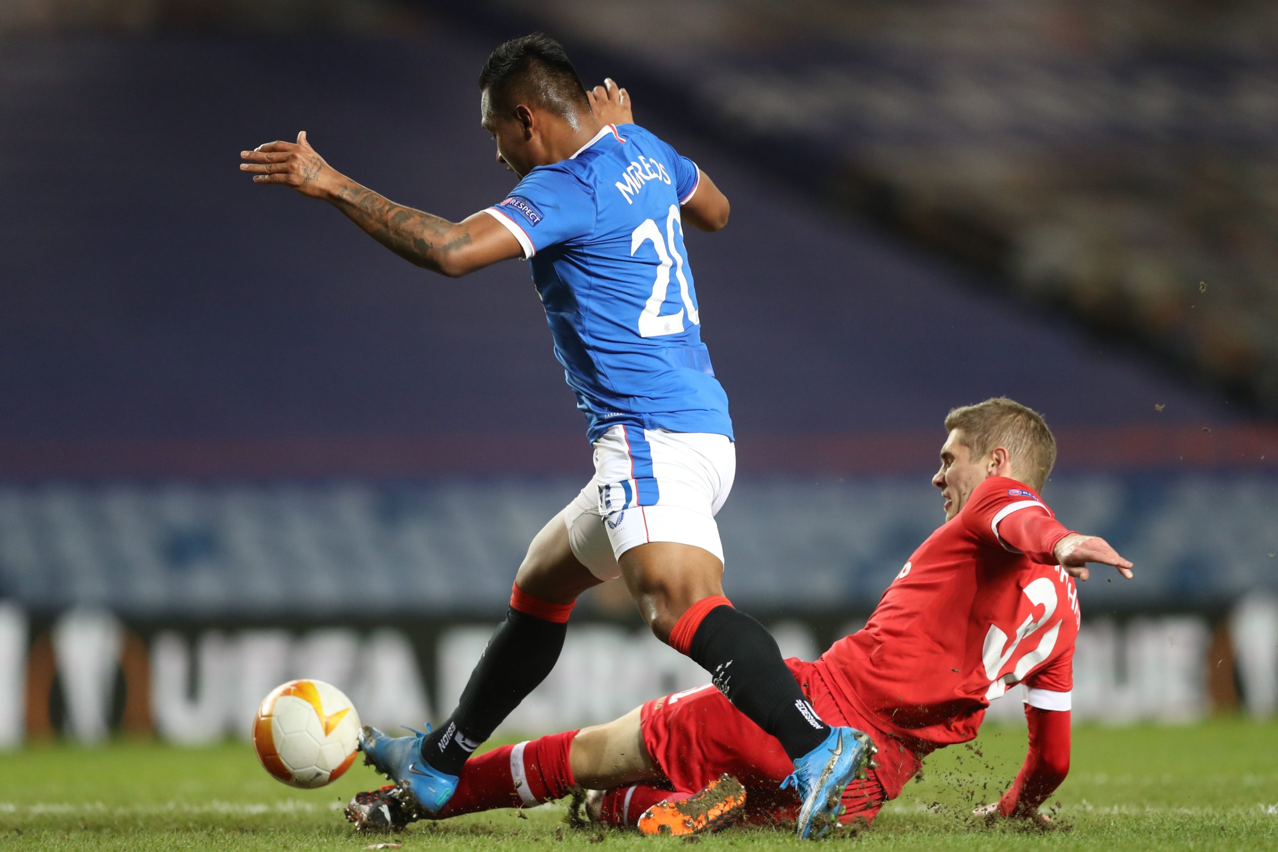 Rangers' Colombian striker Alfredo Morelos (L) vies with Antwerp's French defender Maxime Le Marchand (R) during the UEFA Europa League Round of 32, 2nd leg football match between Rangers and Royal Antwerp at the Ibrox Stadium in Glasgow on February 25, 2021. (Photo by RUSSELL CHEYNE / POOL / AFP) (Photo by RUSSELL CHEYNE/POOL/AFP via Getty Images)