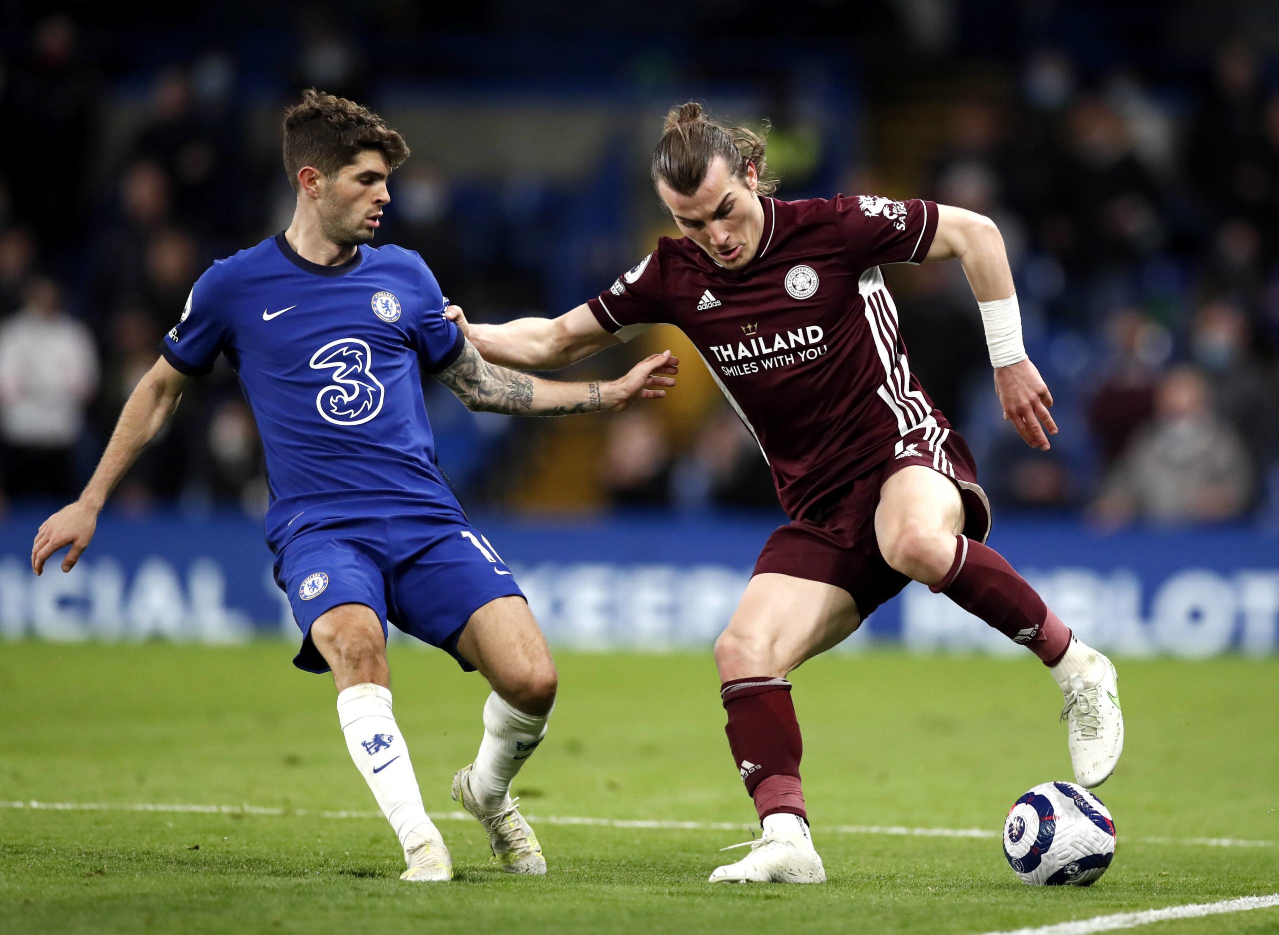 Caglar Söyüncü of Leicester City in action against Chelsea