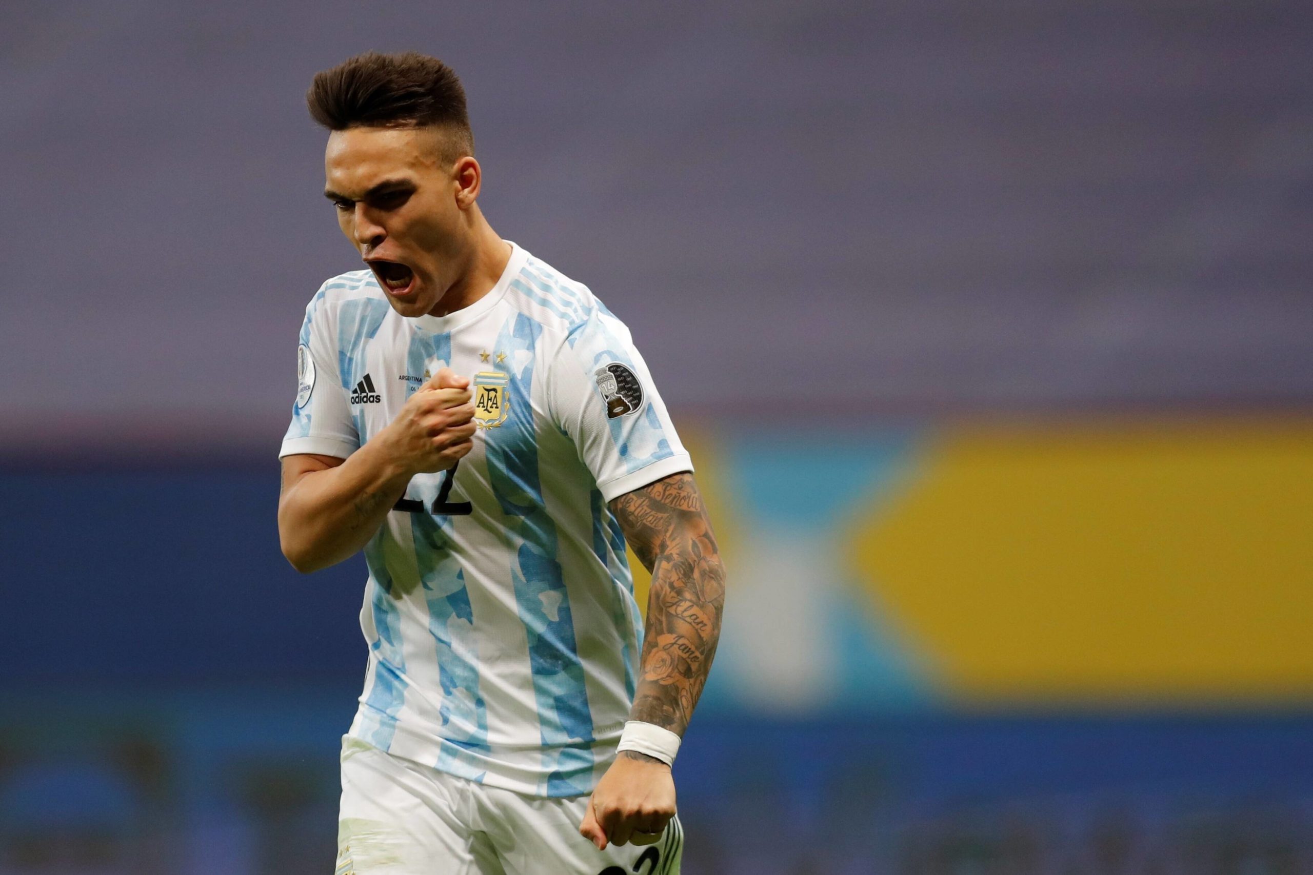 Argentina s Lautaro Martinez celebrates after scoring against Colombia at the penalty shootout, during a match for the semifinals of the Copa America at the Mane Garrincha stadium in Brasilia, Brazil, 06 July 2021. Argentina - Colombia ACHTUNG: NUR REDAKTIONELLE NUTZUNG PUBLICATIONxINxGERxSUIxAUTxONLY Copyright: xFernandoxBizerrax AMDEP6468 20210707-ccc4c5ed93bd2143eb169787918757288db84142