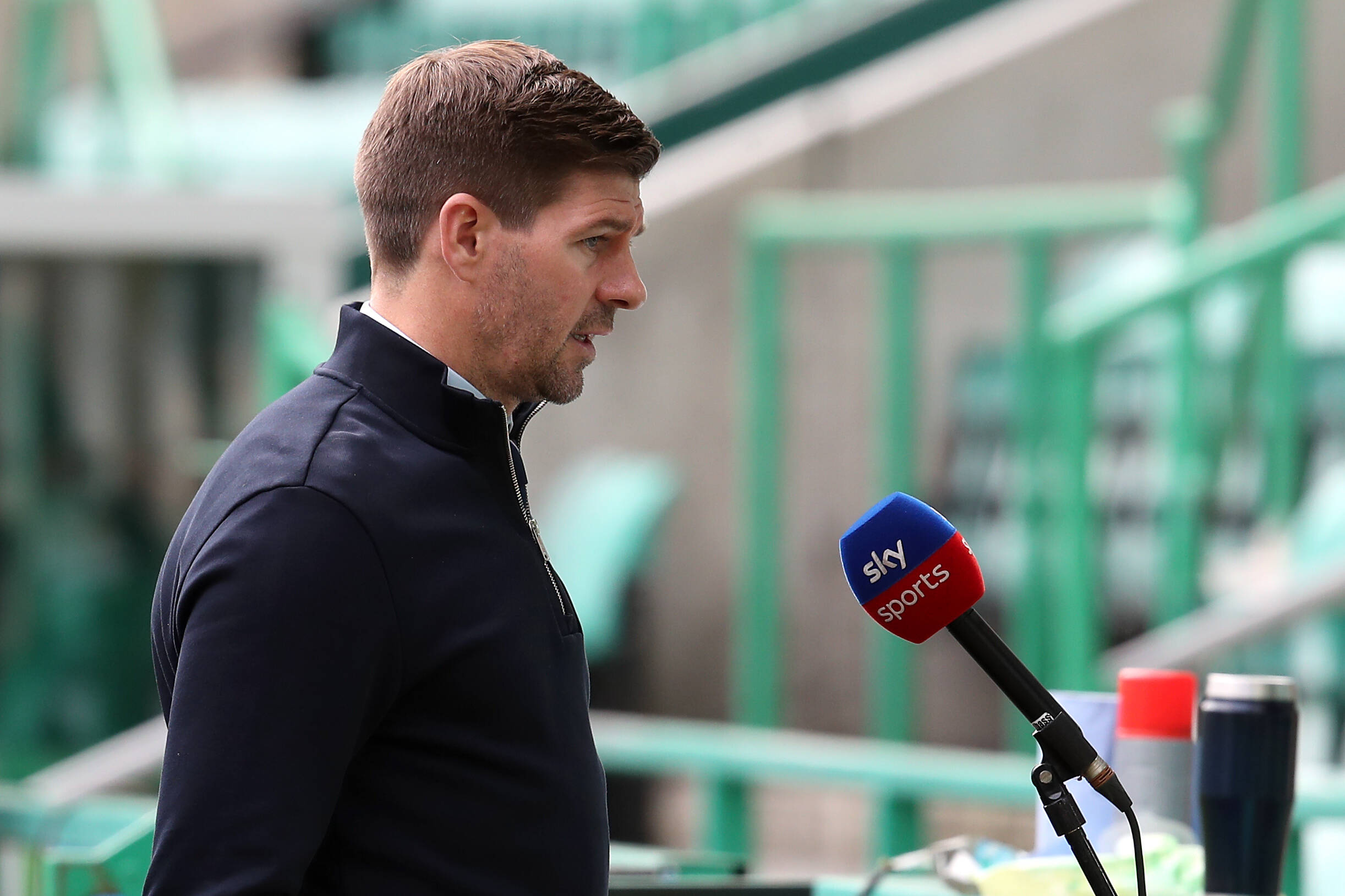 Rangers boss Steven Gerrard talking to Sky Sports