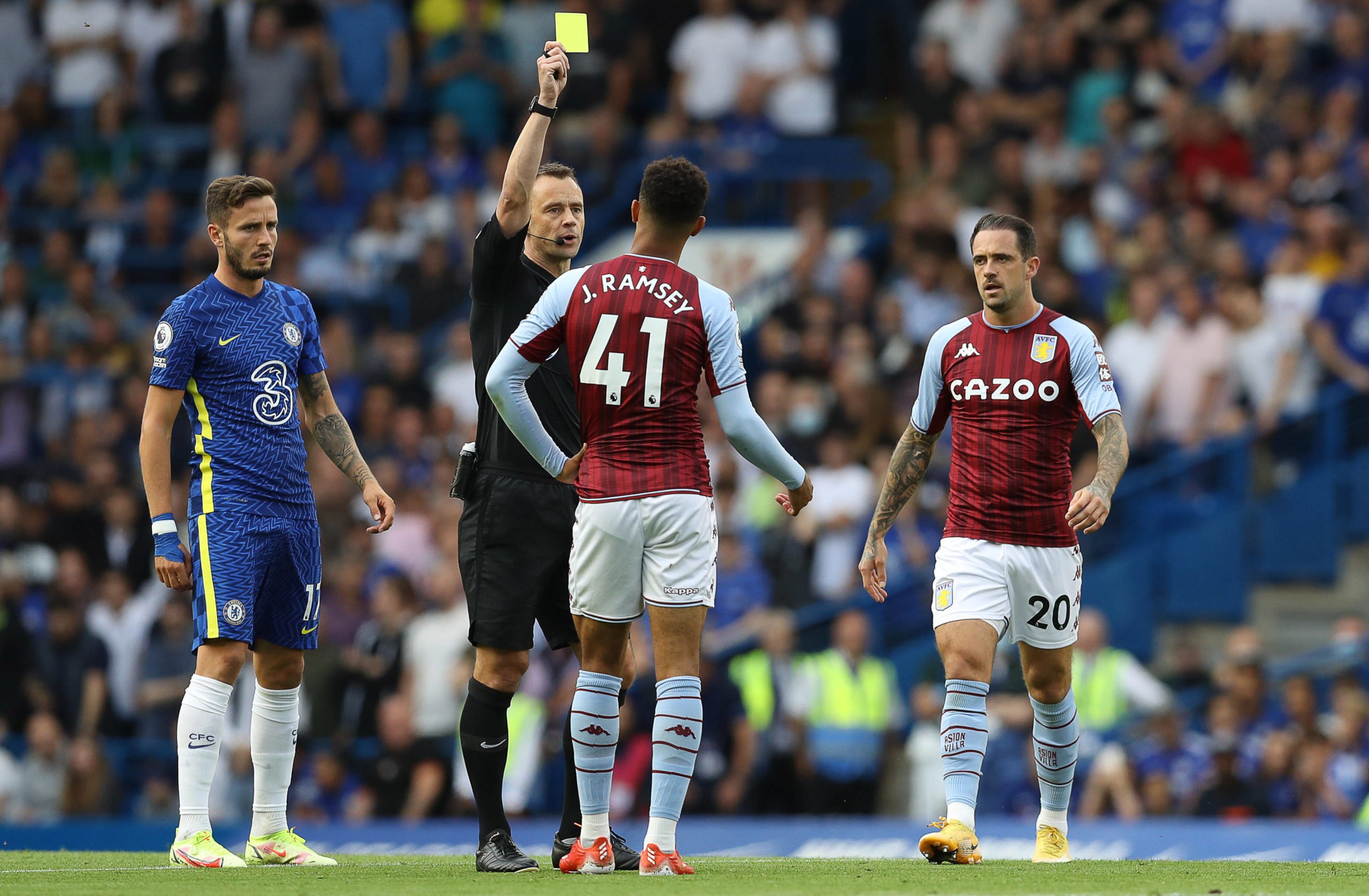 London, England, 11th September 2021. Jacob Ramsey of Aston Villa is shown a yellow card during the Premier League match at Stamford Bridge, London. Picture credit should read: Paul Terry / Sportimage PUBLICATIONxNOTxINxUK SPI-1177-0018