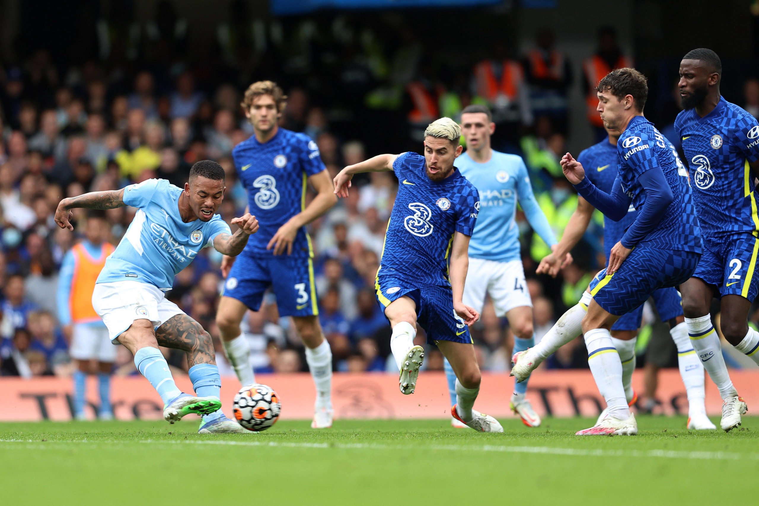 Manchester City striker Gabriel Jesus scores against Chelsea