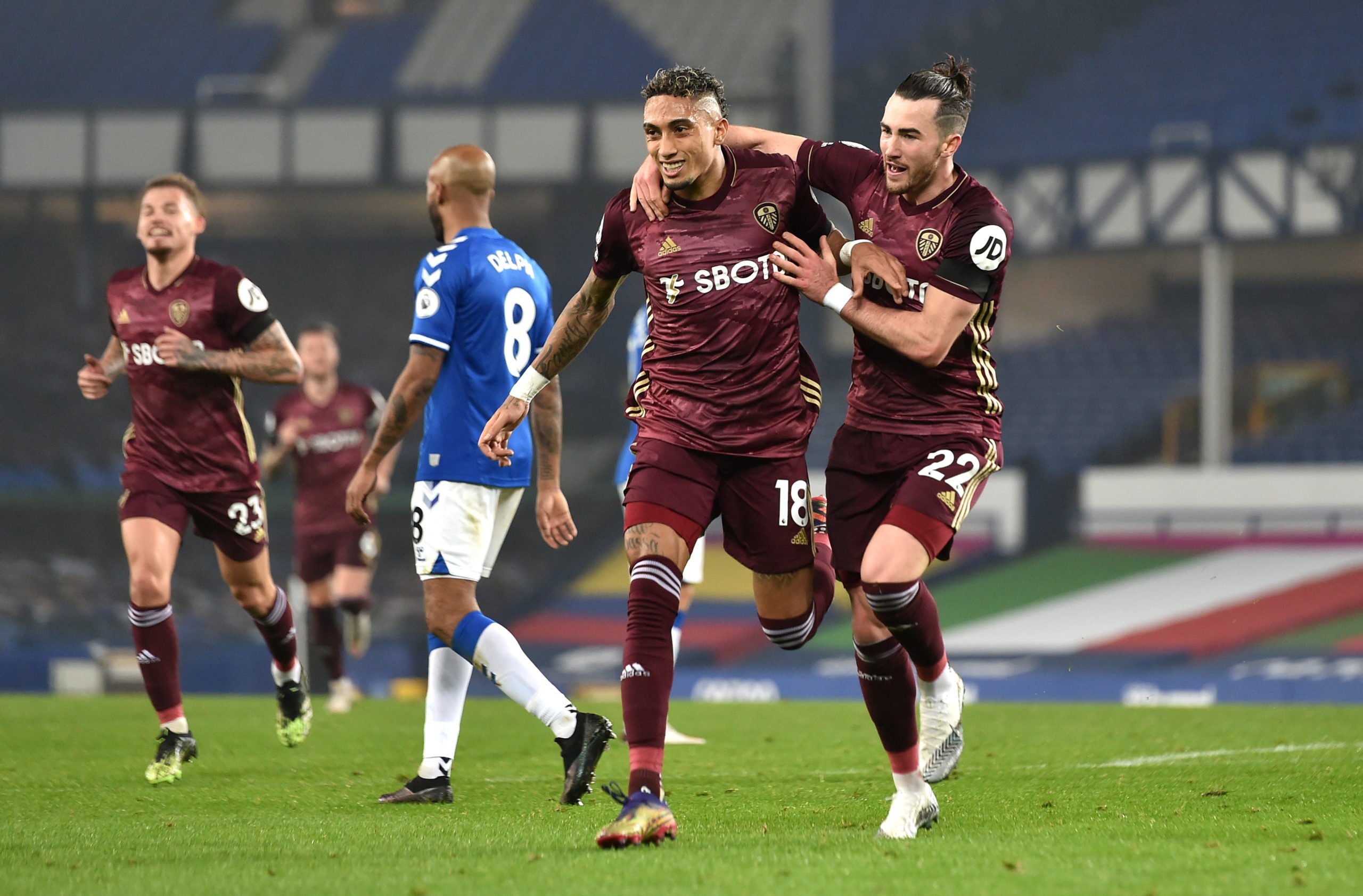 Raphinha celebrates his goal against Everton 