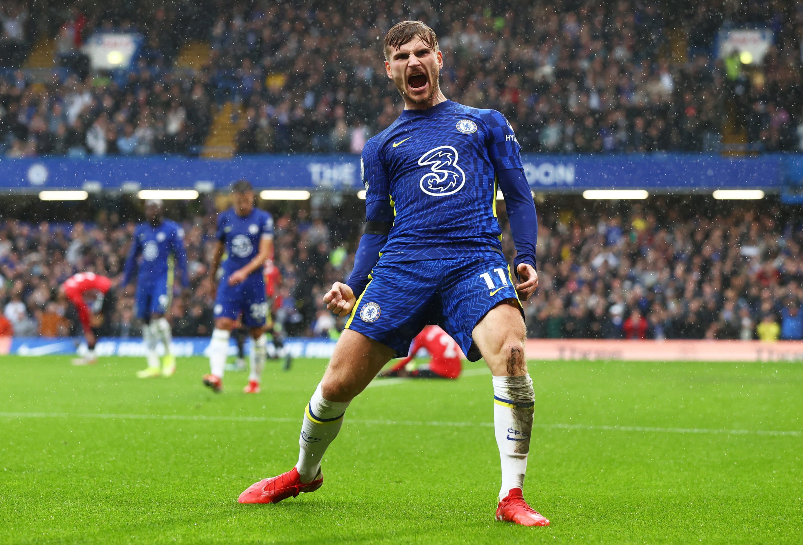 LONDON, ENGLAND - OCTOBER 02: Timo Werner of Chelsea celebrates a goal that is later disallowed by VAR during the Premier League match between Chelsea and Southampton at Stamford Bridge on October 02, 2021 in London, England. (Photo by Clive Rose/Getty Images)The 4th Official uses images provided by the following image agency: Getty Images (https://www.gettyimages.de/) Imago Images (https://www.imago-images.de/)