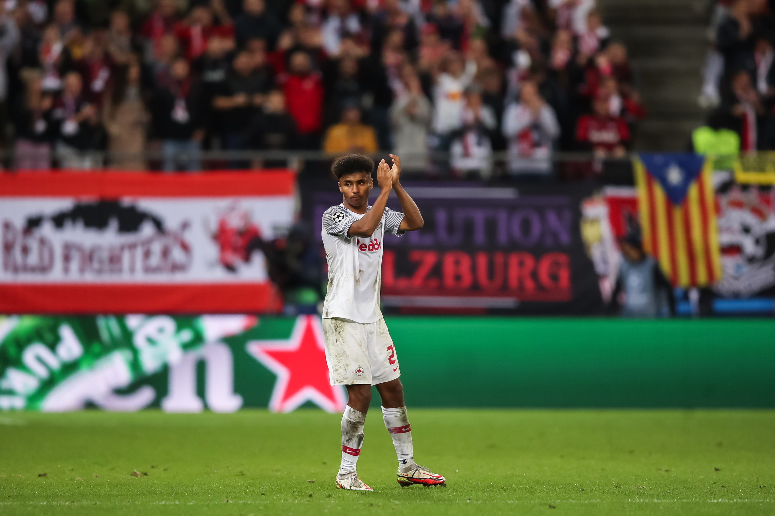 SALZBURG, AUSTRIA - SEPTEMBER 29: Karim Adeyemi of FC Red Bull Salzburg reacts during the UEFA Champions League group G match between FC Red Bull Salzburg and Lille OSC at Stadion Salzburg on September 29, 2021 in Salzburg, Austria. (Photo by Christian Kaspar-Bartke/Getty Images)The 4th Official uses images provided by the following image agency:
Getty Images (https://www.gettyimages.de/)
Imago Images (https://www.imago-images.de/)
