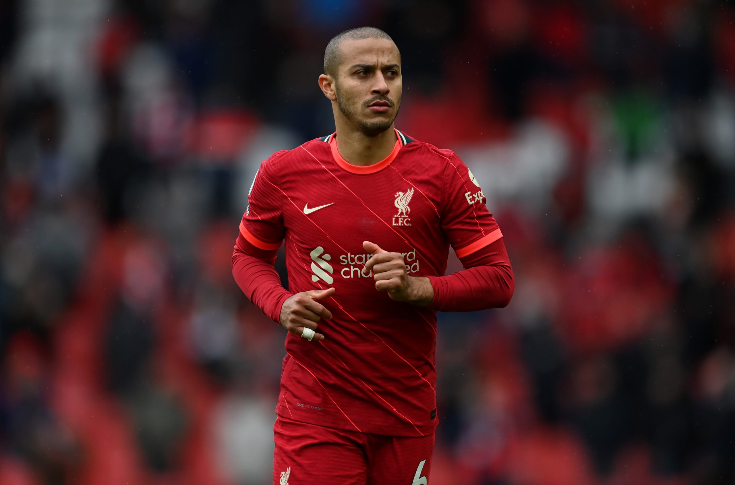 LIVERPOOL, ENGLAND - MAY 23: Thiago Alcântara of Liverpool during the Premier League match between Liverpool and Crystal Palace at Anfield on May 23, 2021 in Liverpool, England. (Photo by Gareth Copley/Getty Images)The 4th Official uses images provided by the following image agency: Getty Images (https://www.gettyimages.de/) and Imago Images (https://www.imago-images.de/)