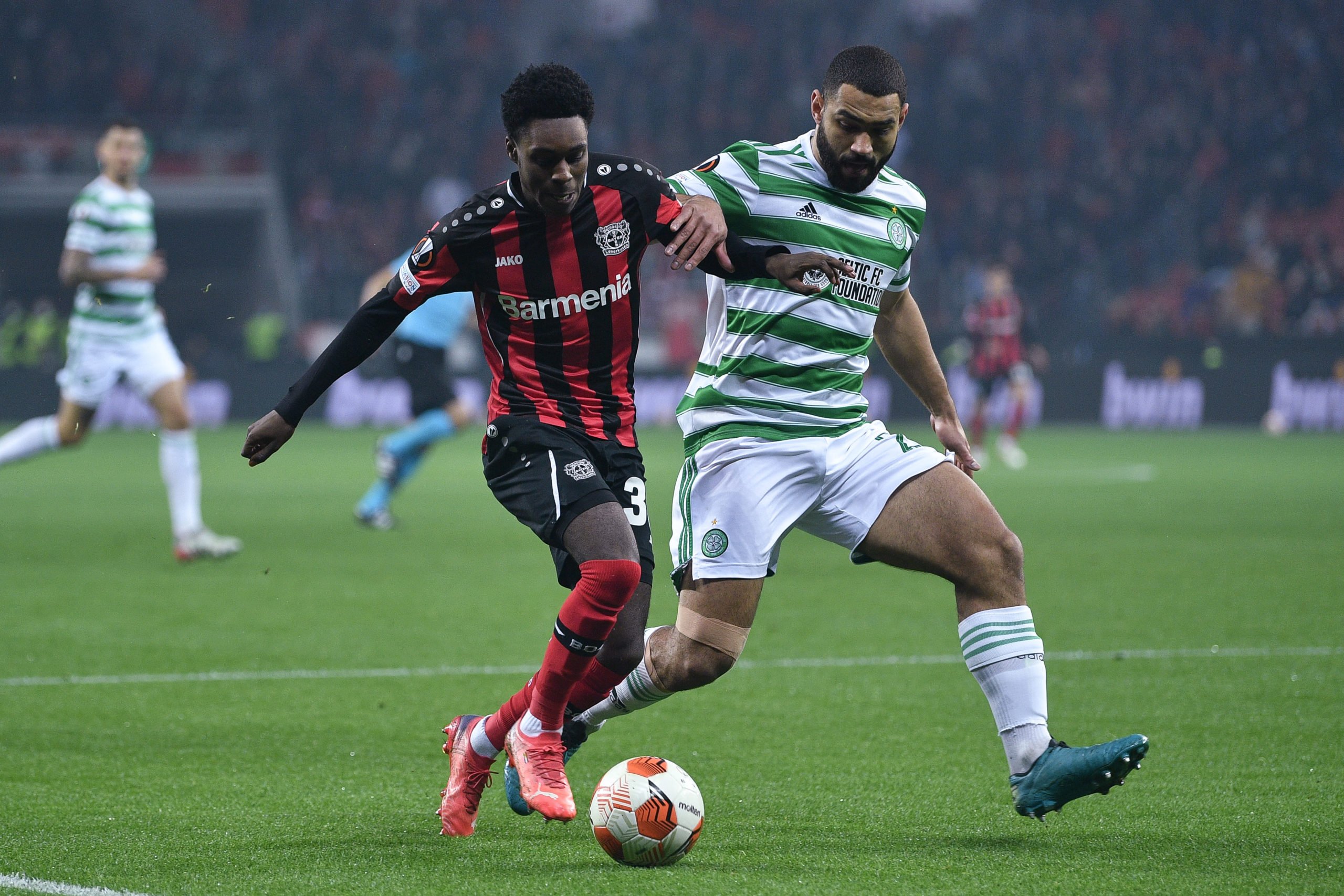 Celtic defender Cameron Carter-Vickers in action against Bayer Leverkusen