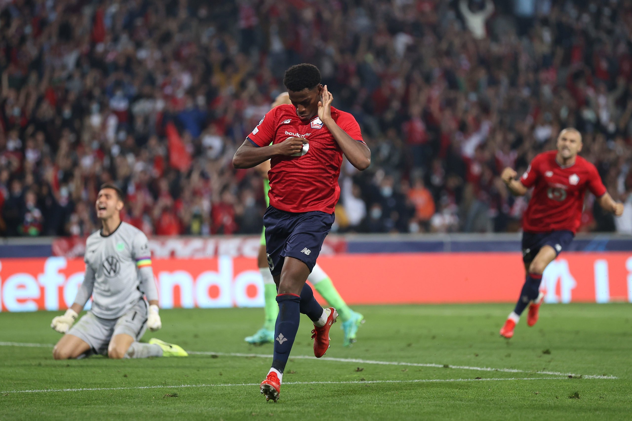LILLE, FRANCE - SEPTEMBER 14: Jonathan David of Lille celebrates scoring a goal which is later disallowed by VAR during the UEFA Champions League group G match between Lille OSC and VfL Wolfsburg at Stade Pierre-Mauroy on September 14, 2021 in Lille, France. (Photo by Lars Baron/Getty Images)The 4th Official uses images provided by the following image agency: Getty Images (https://www.gettyimages.de/) and Imago Images (https://www.imago-images.de/)