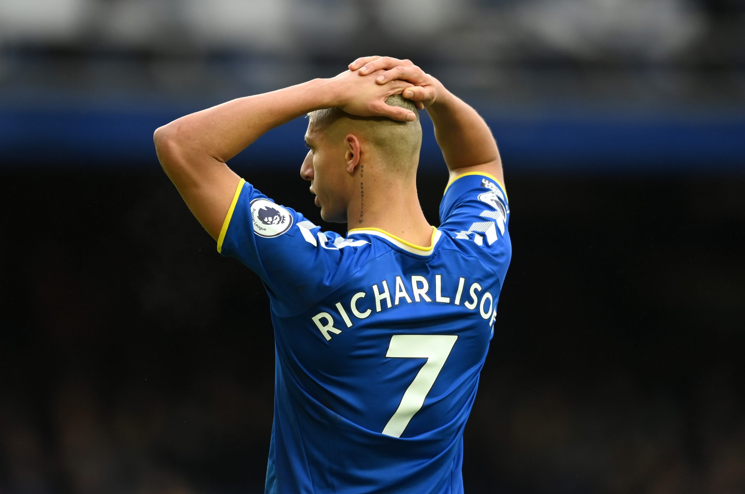 LIVERPOOL, ENGLAND - JANUARY 22: Richarlison of Everton  reacts during the Premier League match between Everton and Aston Villa at Goodison Park on January 22, 2022 in Liverpool, England. (Photo by Michael Regan/Getty Images)The 4th Official uses images provided by the following image agency: Getty Images (https://www.gettyimages.de/) and Imago Images (https://www.imago-images.de/)