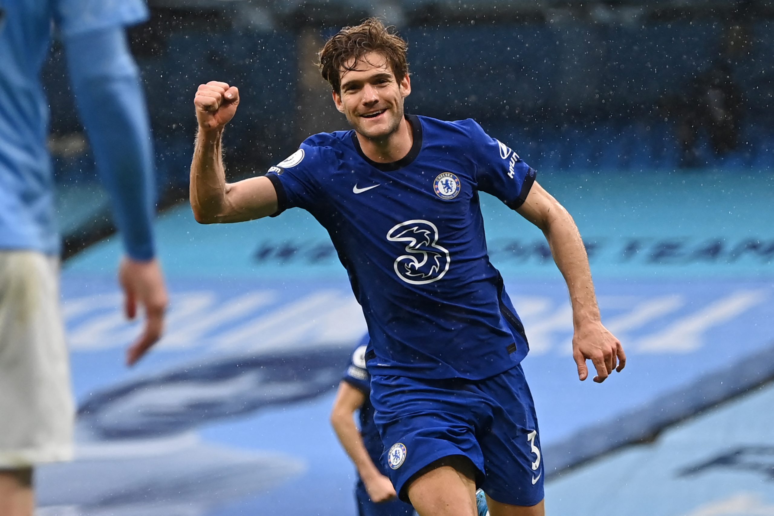 Chelsea's Spanish defender Marcos Alonso celebrates after scoring their second goal during the English Premier League football match between Manchester City and Chelsea at the Etihad Stadium in Manchester, north west England, on May 8, 2021. - RESTRICTED TO EDITORIAL USE. No use with unauthorized audio, video, data, fixture lists, club/league logos or 'live' services. Online in-match use limited to 120 images. An additional 40 images may be used in extra time. No video emulation. Social media in-match use limited to 120 images. An additional 40 images may be used in extra time. No use in betting publications, games or single club/league/player publications. (Photo by Shaun Botterill / POOL / AFP) / RESTRICTED TO EDITORIAL USE. No use with unauthorized audio, video, data, fixture lists, club/league logos or 'live' services. Online in-match use limited to 120 images. An additional 40 images may be used in extra time. No video emulation. Social media in-match use limited to 120 images. An additional 40 images may be used in extra time. No use in betting publications, games or single club/league/player publications. / RESTRICTED TO EDITORIAL USE. No use with unauthorized audio, video, data, fixture lists, club/league logos or 'live' services. Online in-match use limited to 120 images. An additional 40 images may be used in extra time. No video emulation. Social media in-match use limited to 120 images. An additional 40 images may be used in extra time. No use in betting publications, games or single club/league/player publications. (Photo by SHAUN BOTTERILL/POOL/AFP via Getty Images)The 4th Official uses images provided by the following image agency:
Getty Images (https://www.gettyimages.de/)
Imago Images (https://www.imago-images.de/)