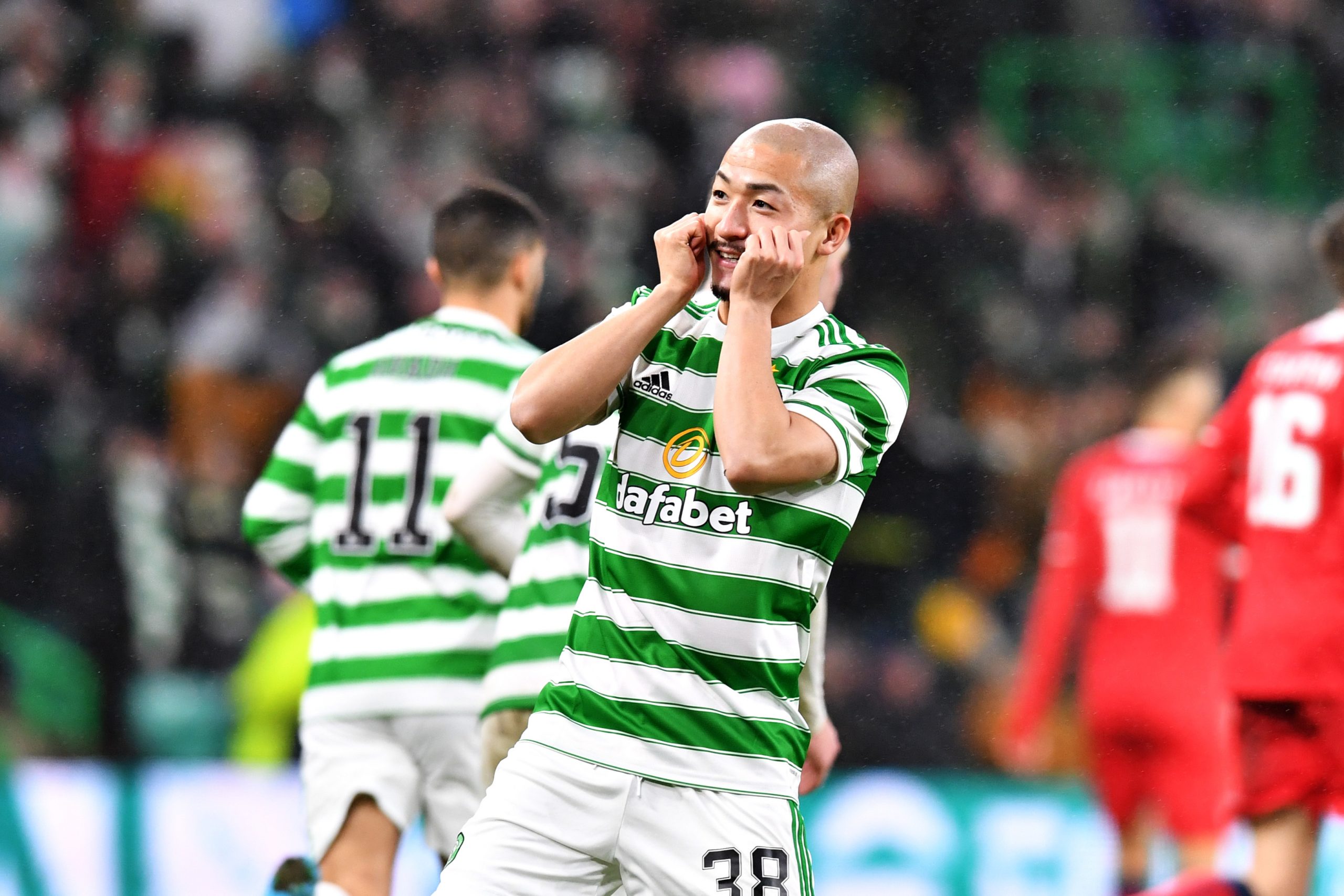 Celtic forward Daizen Maeda celebrates his goal
