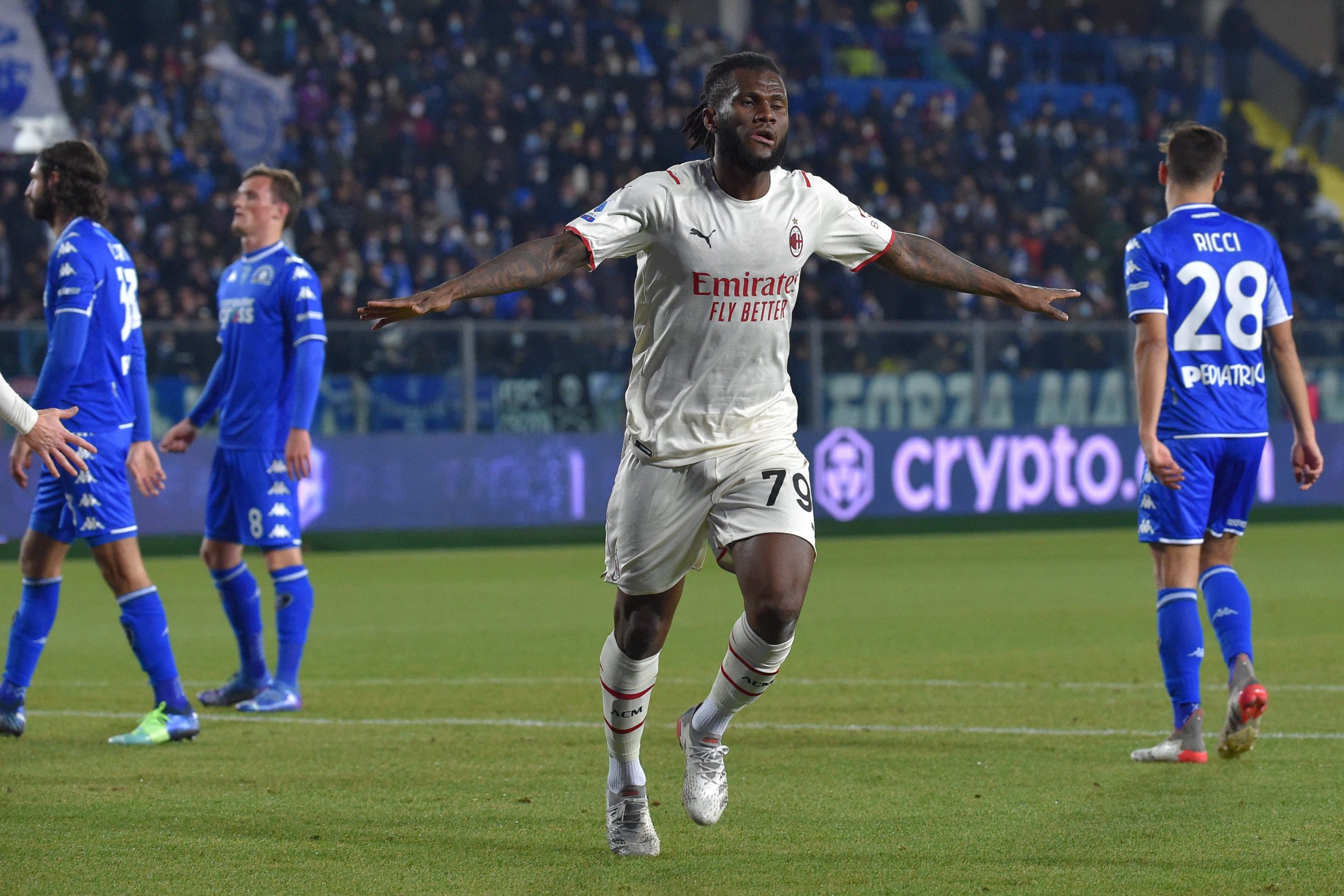 AC Milan's Ivorian midfielder Franck Kessie celebrates after opening the scoring during the Italian Serie A football match between Empoli and AC Milan on December 22, 2021 at the Carlo-Castellani stadium in Empoli. (Photo by Andreas SOLARO / AFP) (Photo by ANDREAS SOLARO/AFP via Getty Images)The 4th Official uses images provided by the following image agency: Getty Images (https://www.gettyimages.de/) Imago Images (https://www.imago-images.de/)