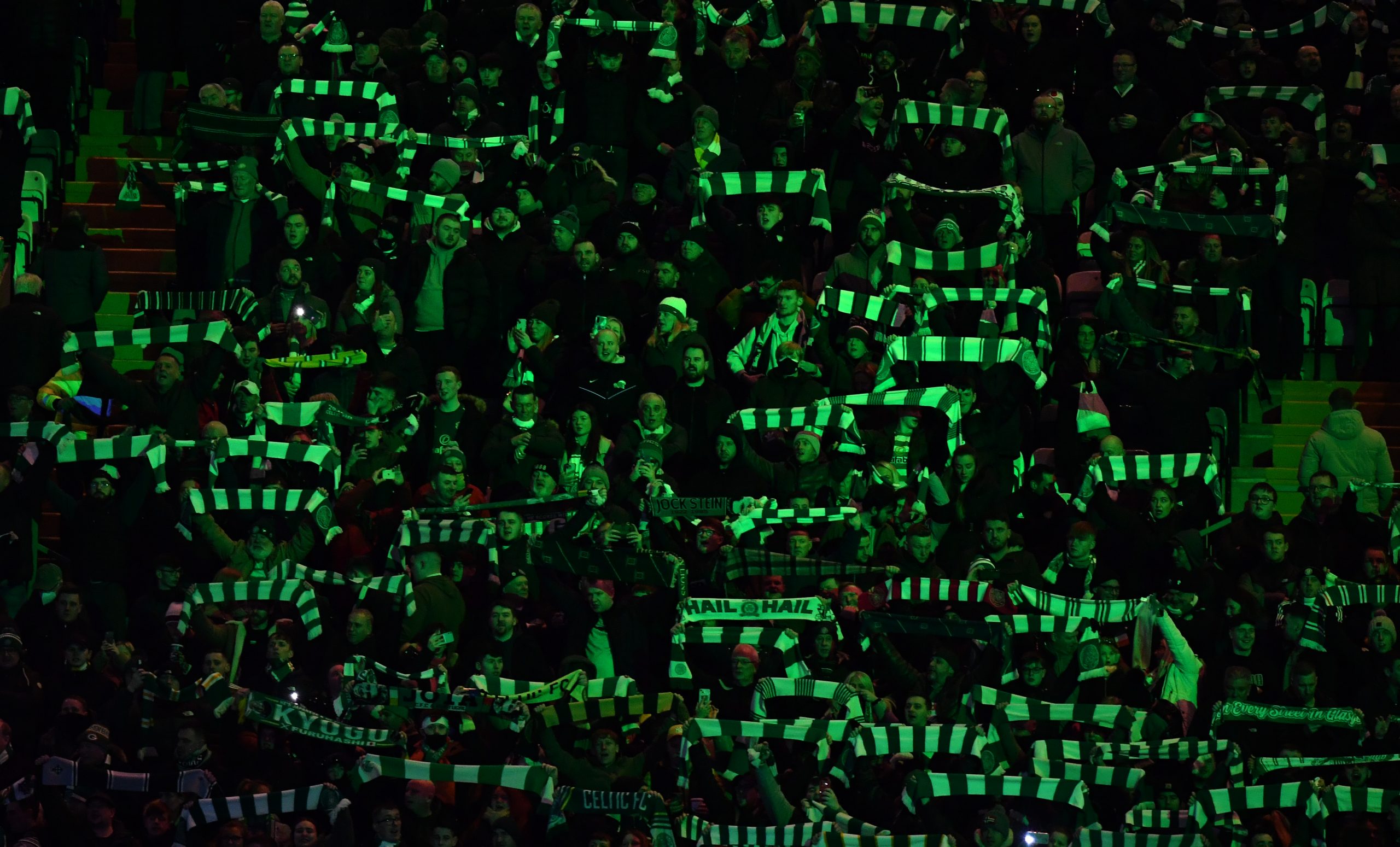 GLASGOW, SCOTLAND - FEBRUARY 17:  Celtic fans are pictured  during the UEFA Europa Conference League Knockout Round Play-Off Leg One match between Celtic FC and FK Bodoe/Glimt at Celtic Park on February 17, 2022 in Glasgow, Scotland. (Photo by Mark Runnacles/Getty Images)