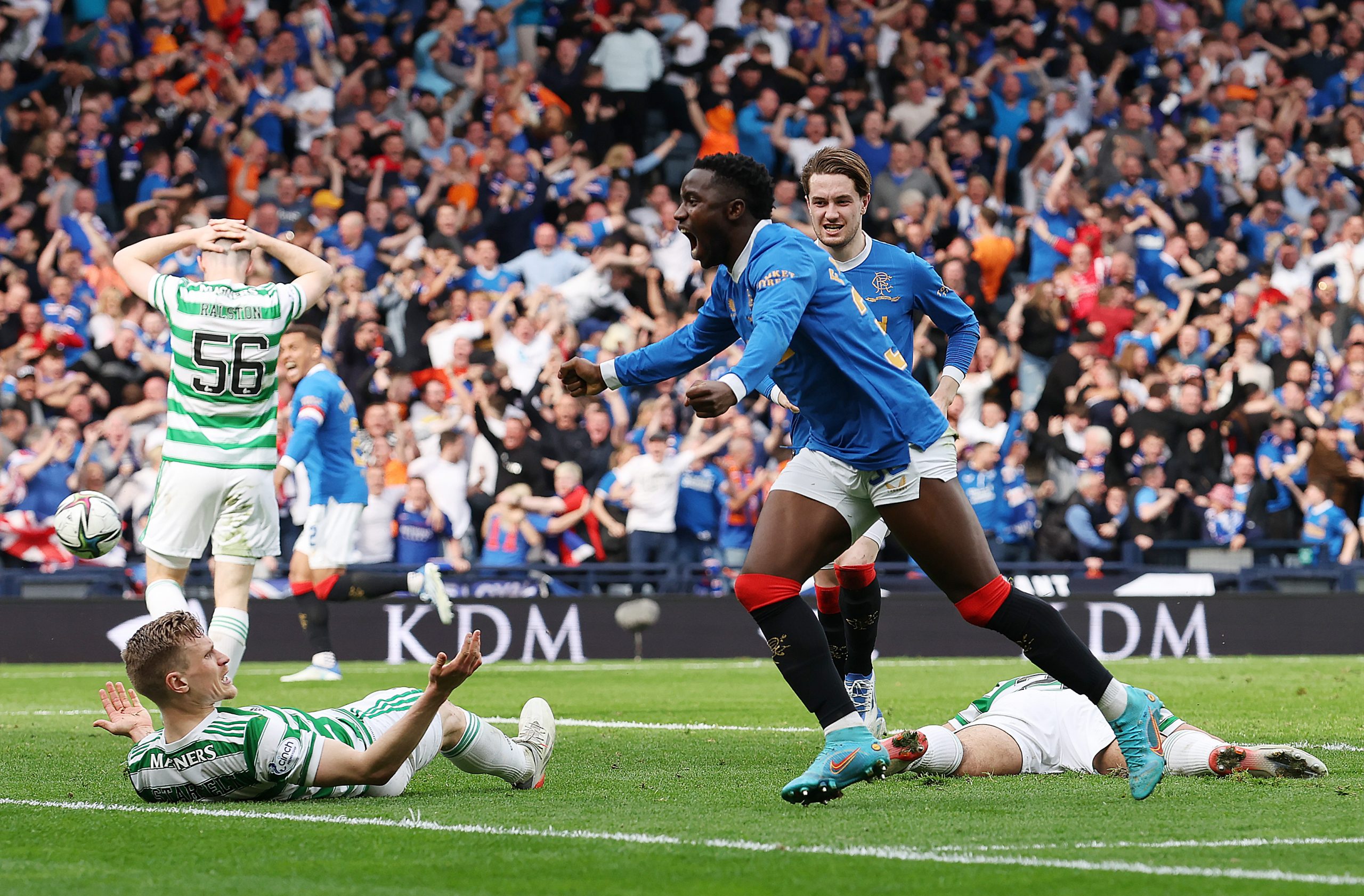 Rangers attacker Fashion Sakala celebrates the winning goal against Celtic