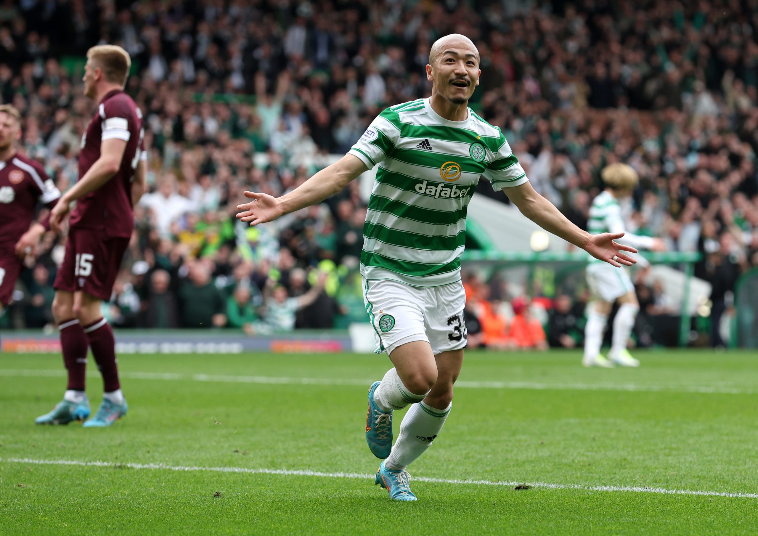 Celtic striker Daizen Maeda celebrates his goal
