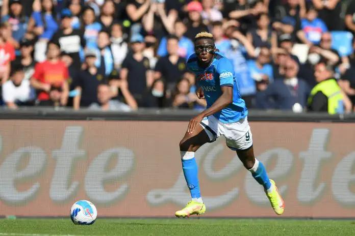 NAPLES, ITALY – MAY 15: Victor Osimhen during the Serie A match between SSC Napoli and Genoa CFC at Stadio Diego Armando Maradona on May 15, 2022 in Naples, Italy. (Photo by Francesco Pecoraro/Getty Images) The 4th Official uses images provided by the following image agency: Getty Images (https://www.gettyimages.de/) Imago Images (https://www.imago-images.de/)