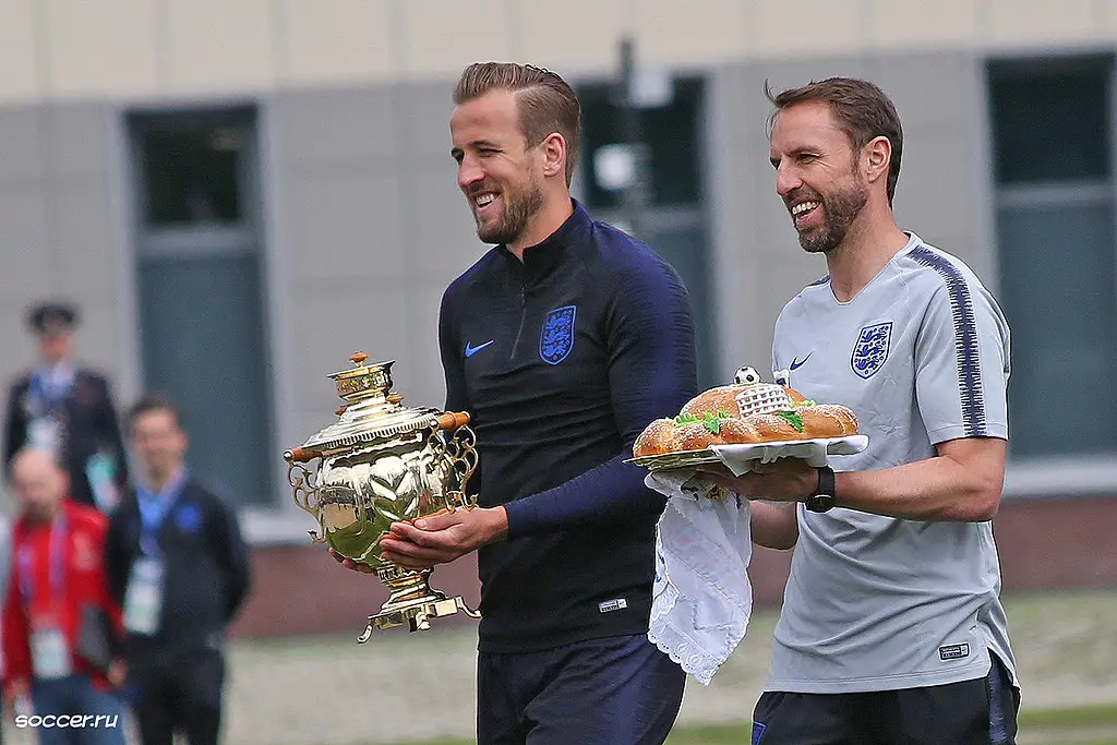 Gareth Southgate and Harry Kane, representing England in the World Cup