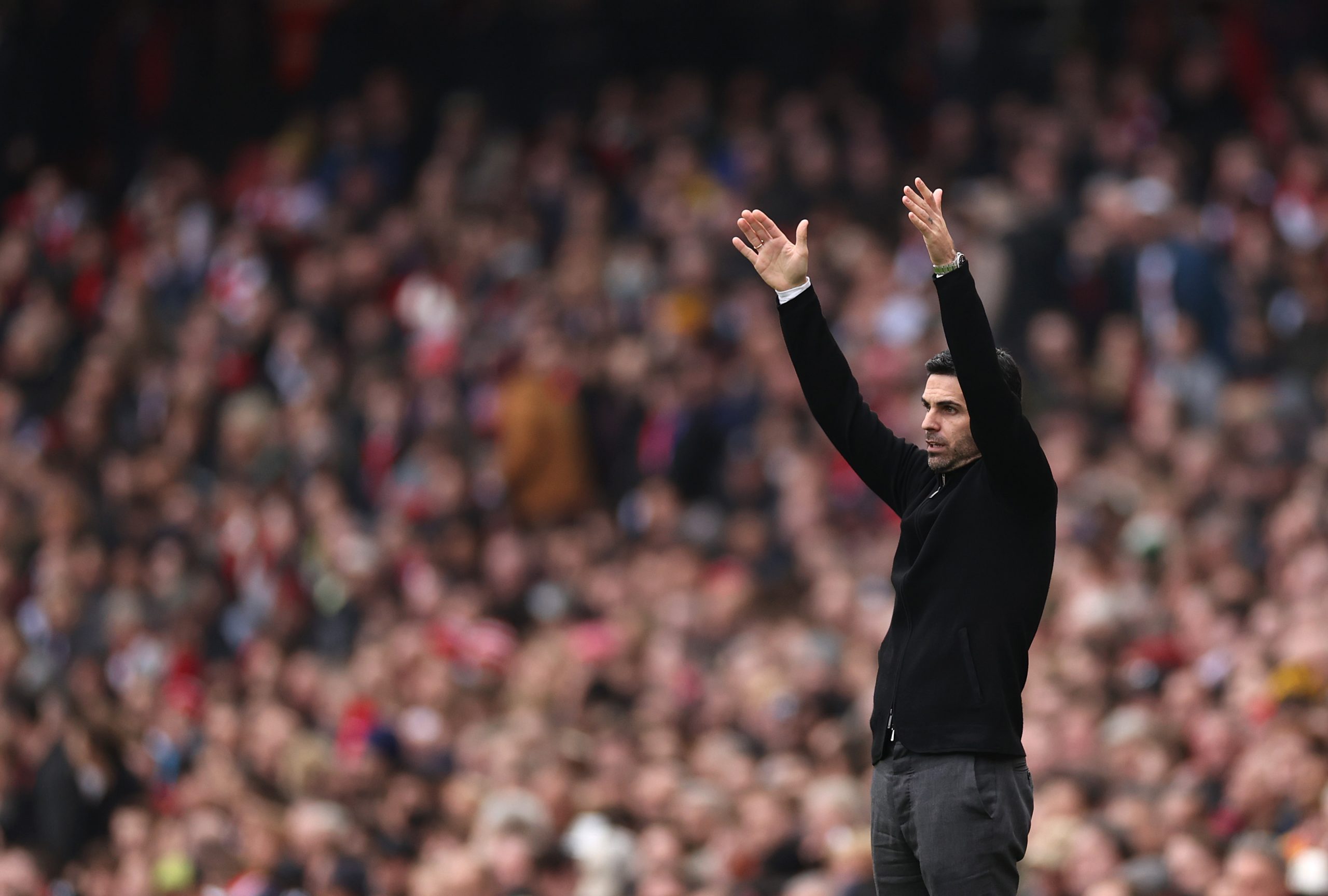 LONDON, ENGLAND - MARCH 19: Mikel Arteta, Manager of Arsenal reacts during the Premier League match between Arsenal FC and Crystal Palace at Emirates Stadium on March 19, 2023 in London, England. (Photo by Ryan Pierse/Getty Images)
