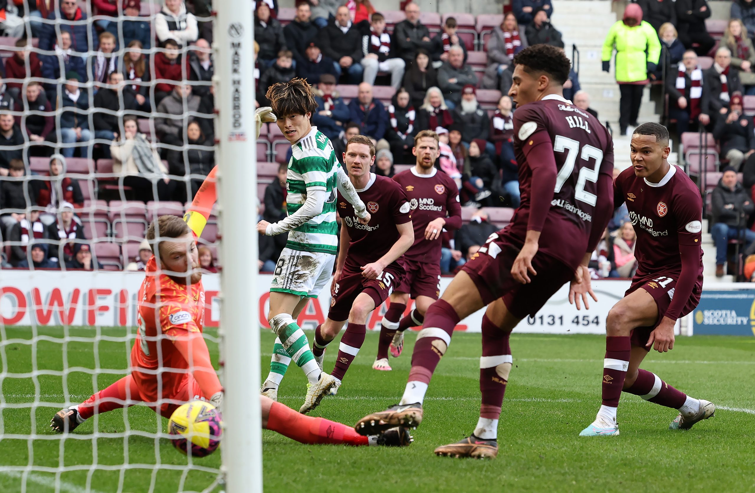 Kyogo Furuhashi scores against Hearts in the Scottish Cup