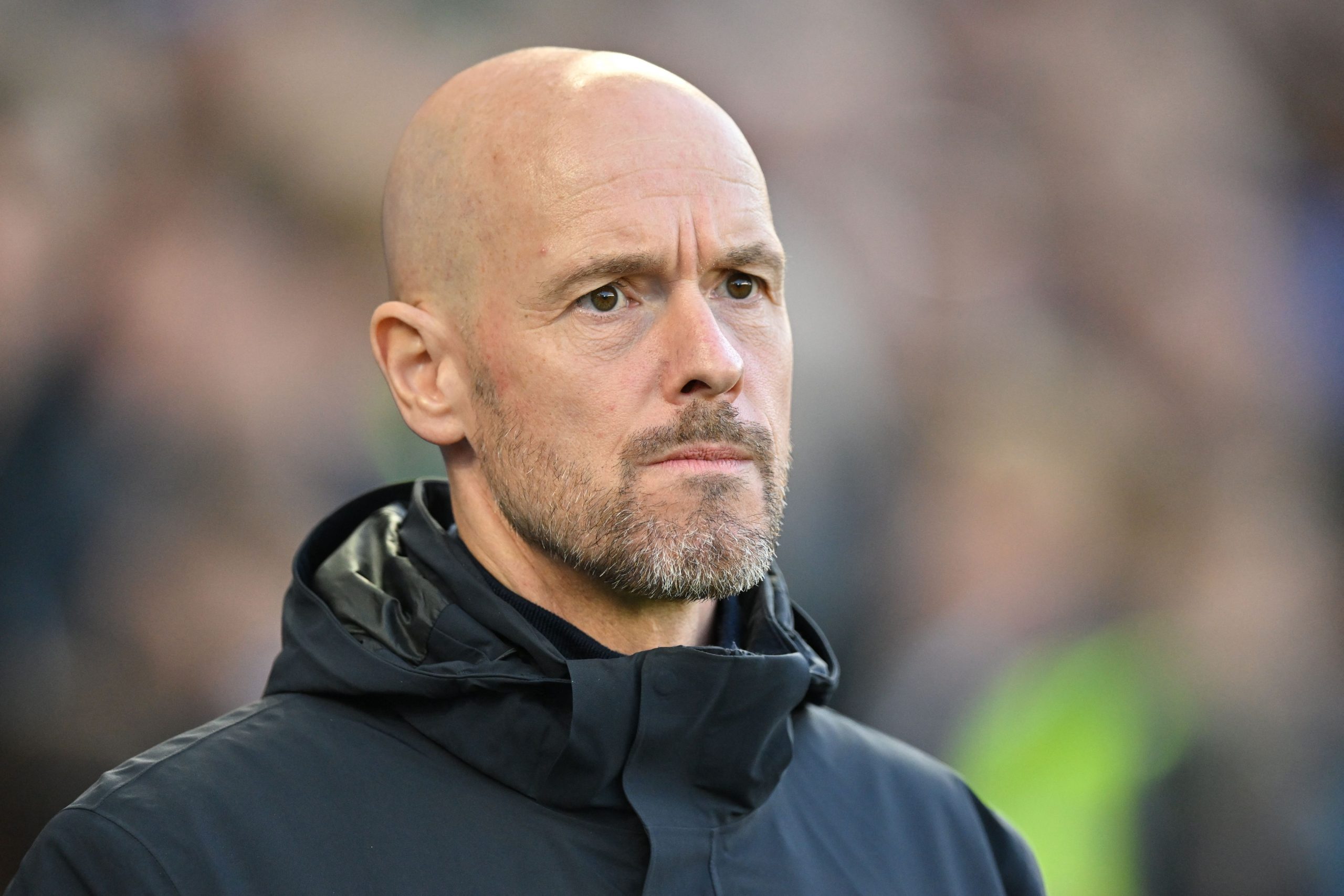 Manchester United's Dutch manager Erik ten Hag looks on ahead of kick off in the English Premier League football match between Brighton and Hove Albion and Manchester United at the American Express Community Stadium in Brighton, southern England on May 4, 2023. (Photo by Glyn KIRK / AFP) / RESTRICTED TO EDITORIAL USE. No use with unauthorized audio, video, data, fixture lists, club/league logos or 'live' services. Online in-match use limited to 120 images. An additional 40 images may be used in extra time. No video emulation. Social media in-match use limited to 120 images. An additional 40 images may be used in extra time. No use in betting publications, games or single club/league/player publications. /  (Photo by GLYN KIRK/AFP via Getty Images)
