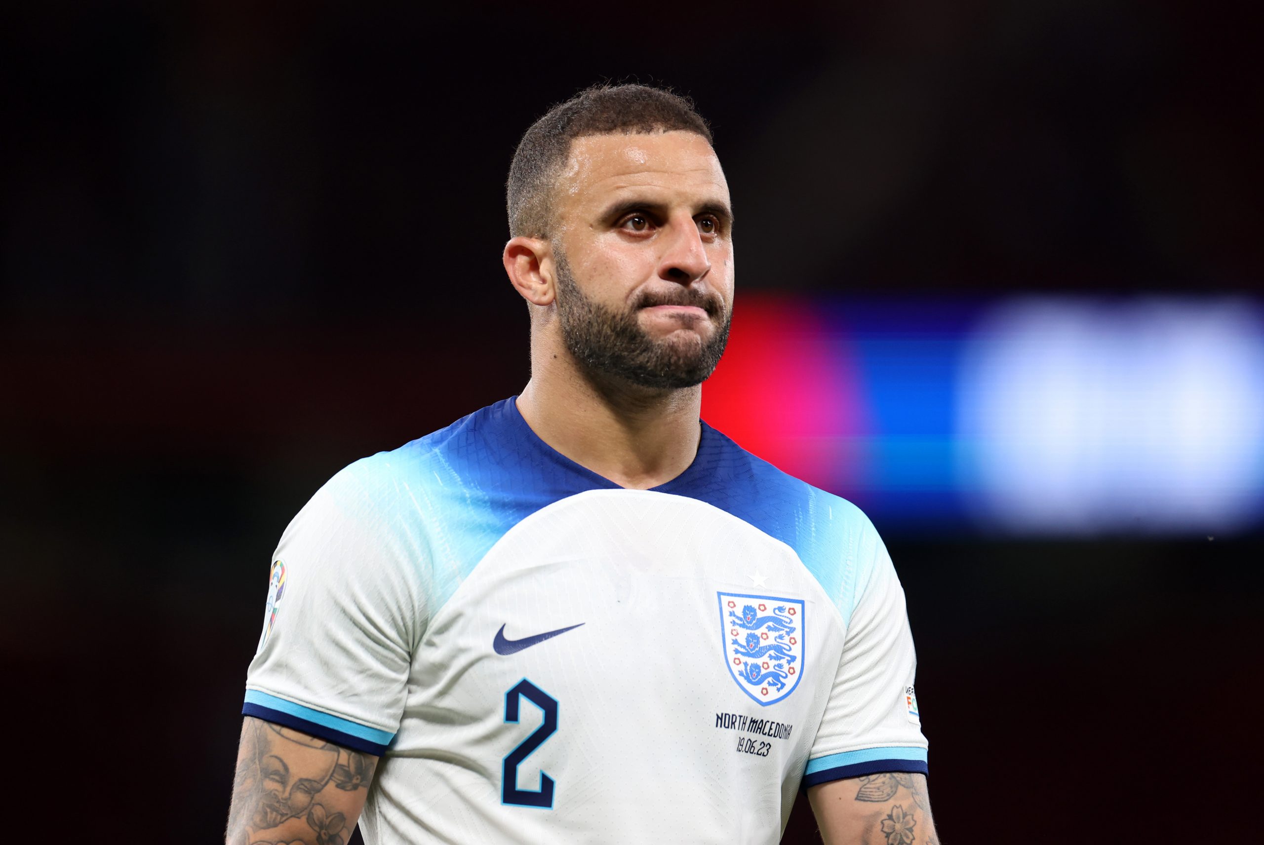 MANCHESTER, ENGLAND - JUNE 19: Kyle Walker of England  during the UEFA EURO 2024 qualifying round group C match between England and North Macedonia at Old Trafford on June 19, 2023 in Manchester, England. (Photo by Catherine Ivill/Getty Images)