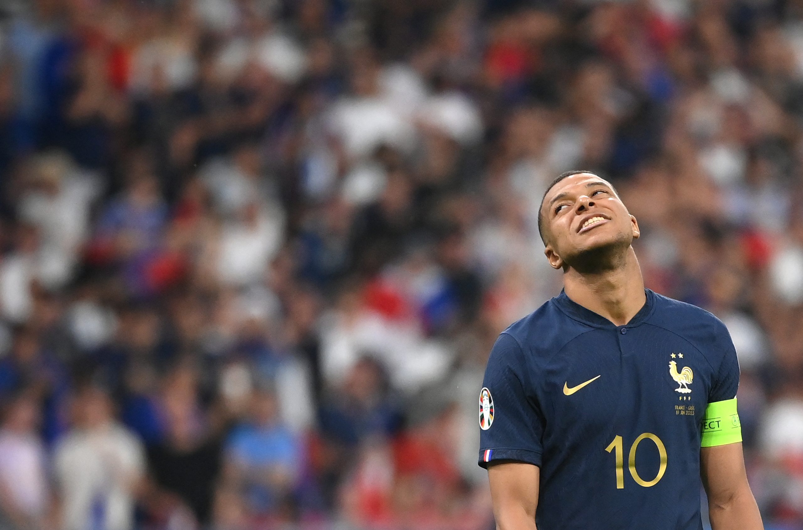 France's forward Kylian Mbappe reacts during the UEFA Euro 2024 group B qualification football match between France and Greece at the Stade de France in Saint-Denis, in the northern outskirts of Paris, on June 19, 2023. (Photo by FRANCK FIFE / AFP) (Photo by FRANCK FIFE/AFP via Getty Images)