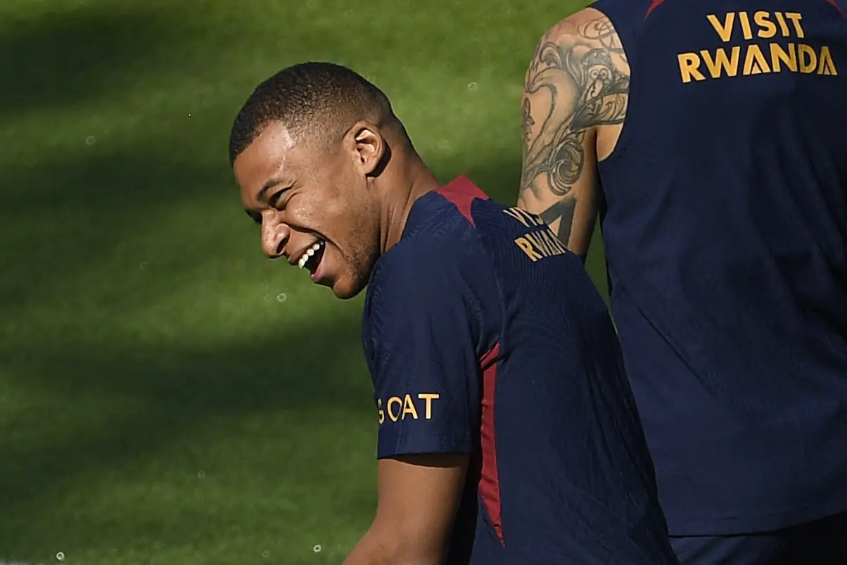 Paris Saint-Germain's French forward Kylian Mbappe reacts as he takes part in a training session at the new "campus" of French L1 Paris Saint-Germain (PSG) football club at Poissy, some 30kms west of Paris on July 20, 2023, ahead of the club's Japan tour. (Photo by JULIEN DE ROSA / AFP) (Photo by JULIEN DE ROSA/AFP via Getty Images)